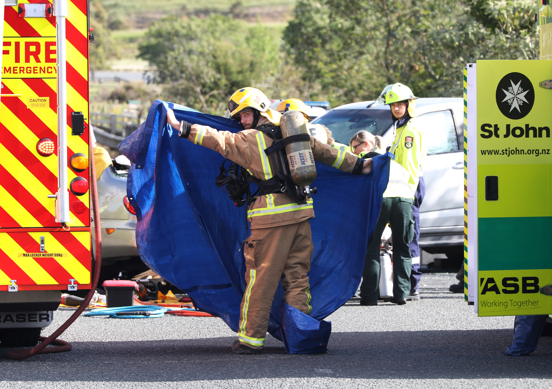 Emergency services had to cut off the roof from one of the cars to get a trapped person out of the vehicle.
