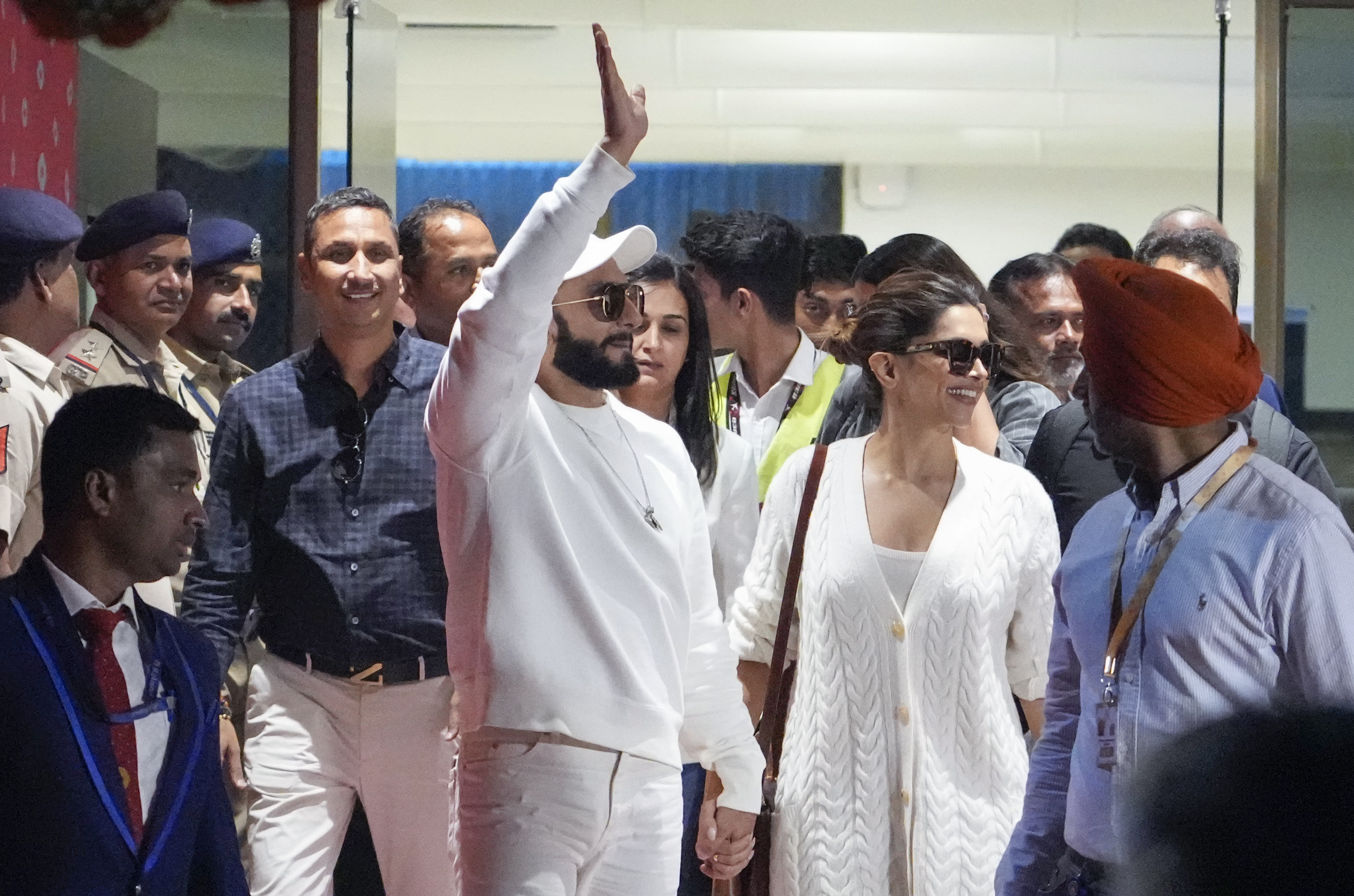Husband-and-wife Bollywood actors Ranveer Singh (left) and Deepika Padukone arrive at Jamnagar Airport, Gujarat, for the pre-wedding celebrations of Anant Ambani and Radhika Merchant. Photo / AP