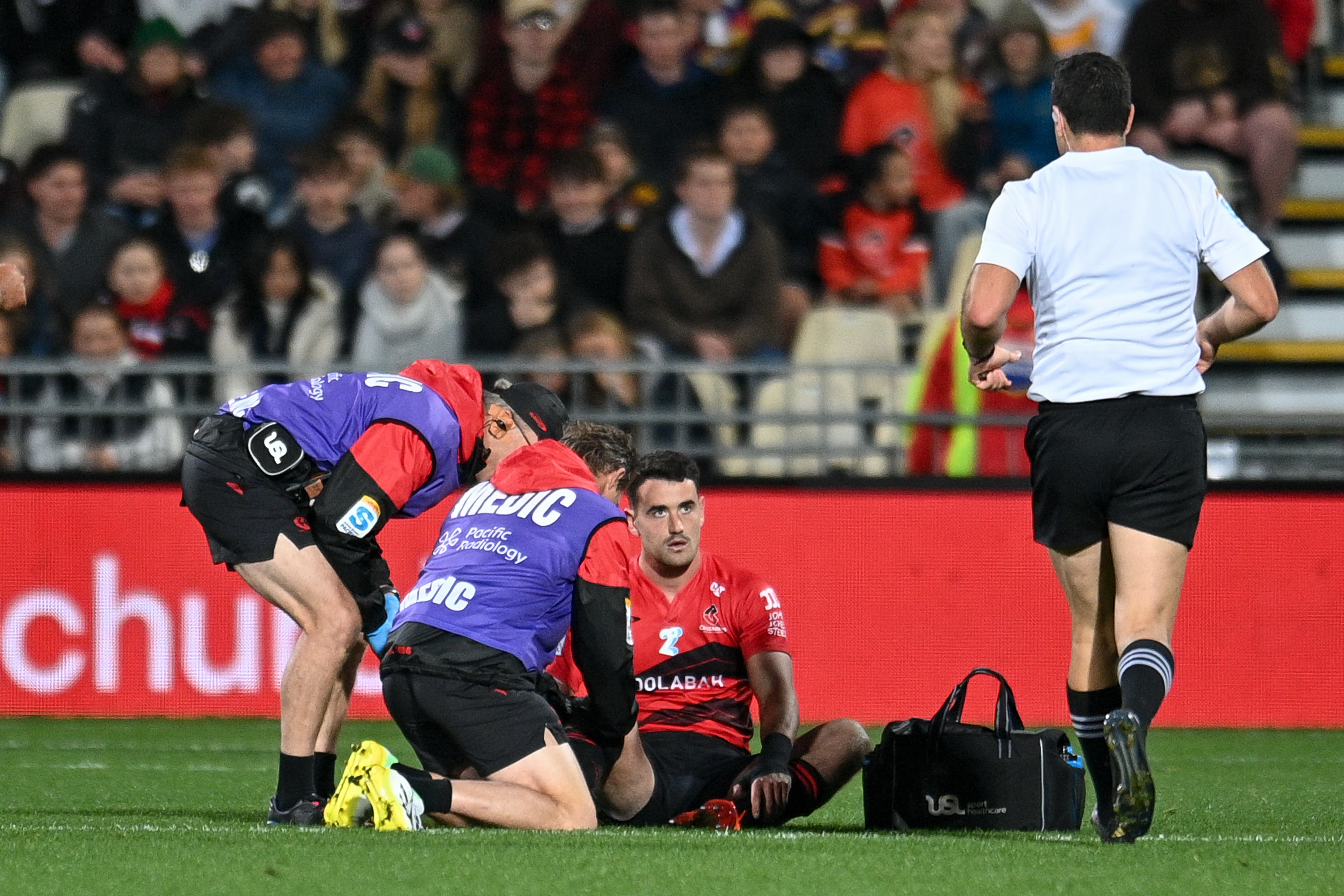 Crusaders fullback Will Jordan hurt his knee in the loss to the Chiefs. Photo / Photosport