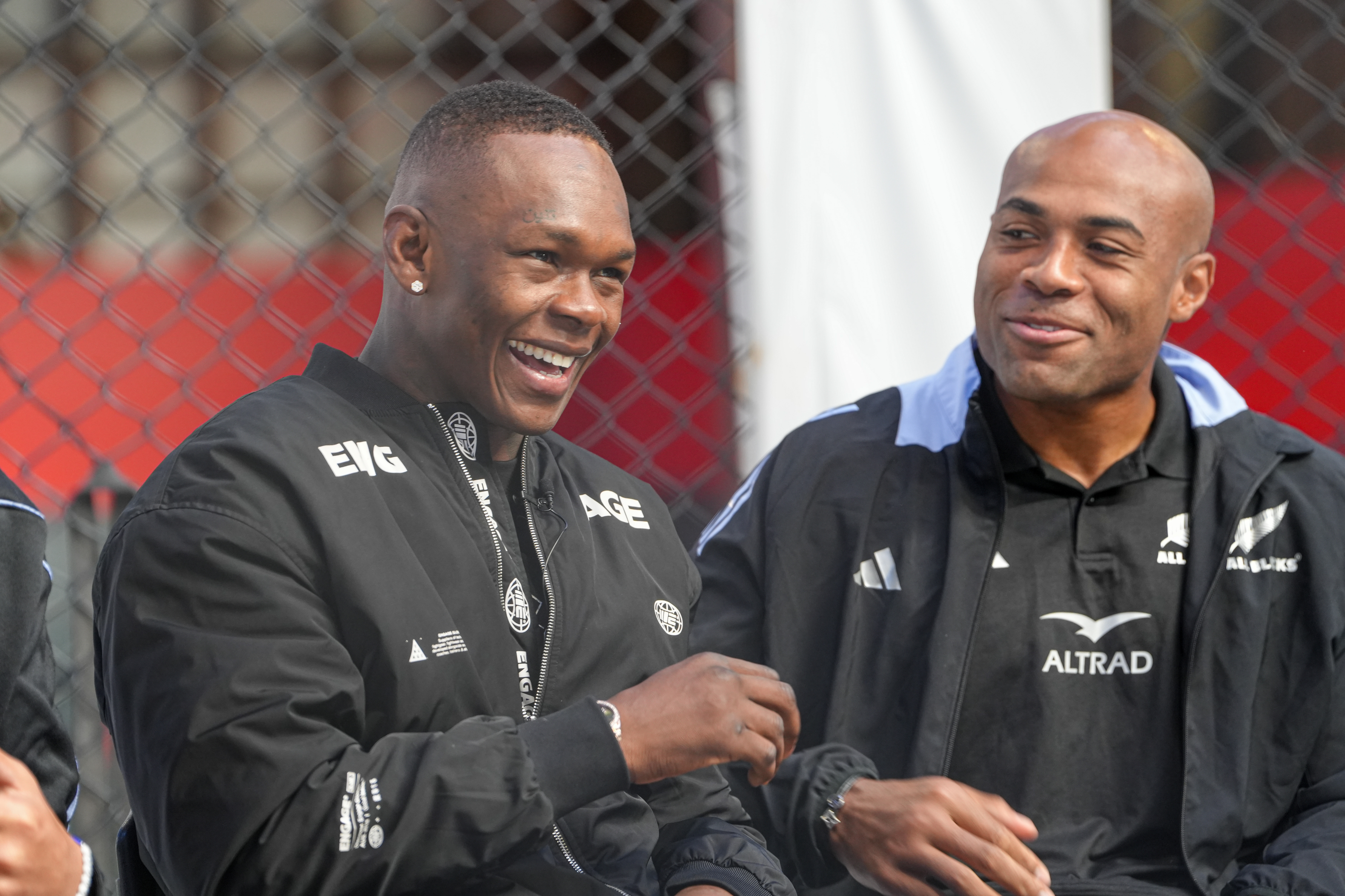 UFC star Israel Adesanya and All Blacks winger Mark Tele'a. Photo / Alyse Wright