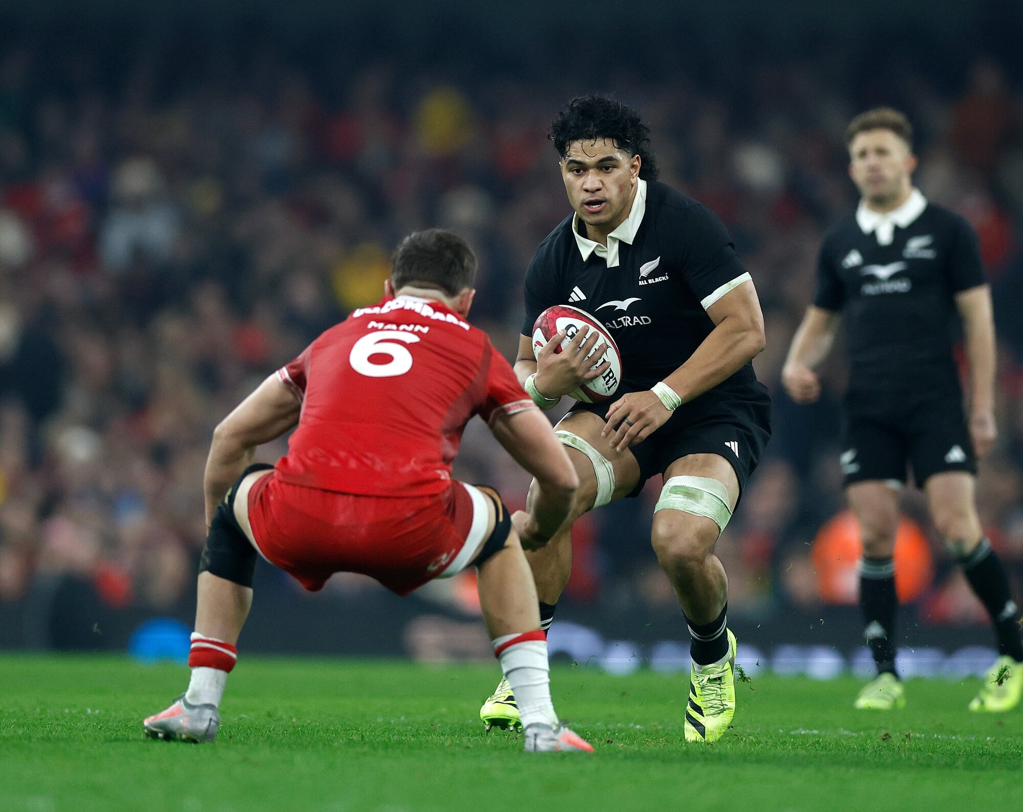 Wallace Sititi makes one of his telling runs against Wales, in Cardiff. Photo / Photosport