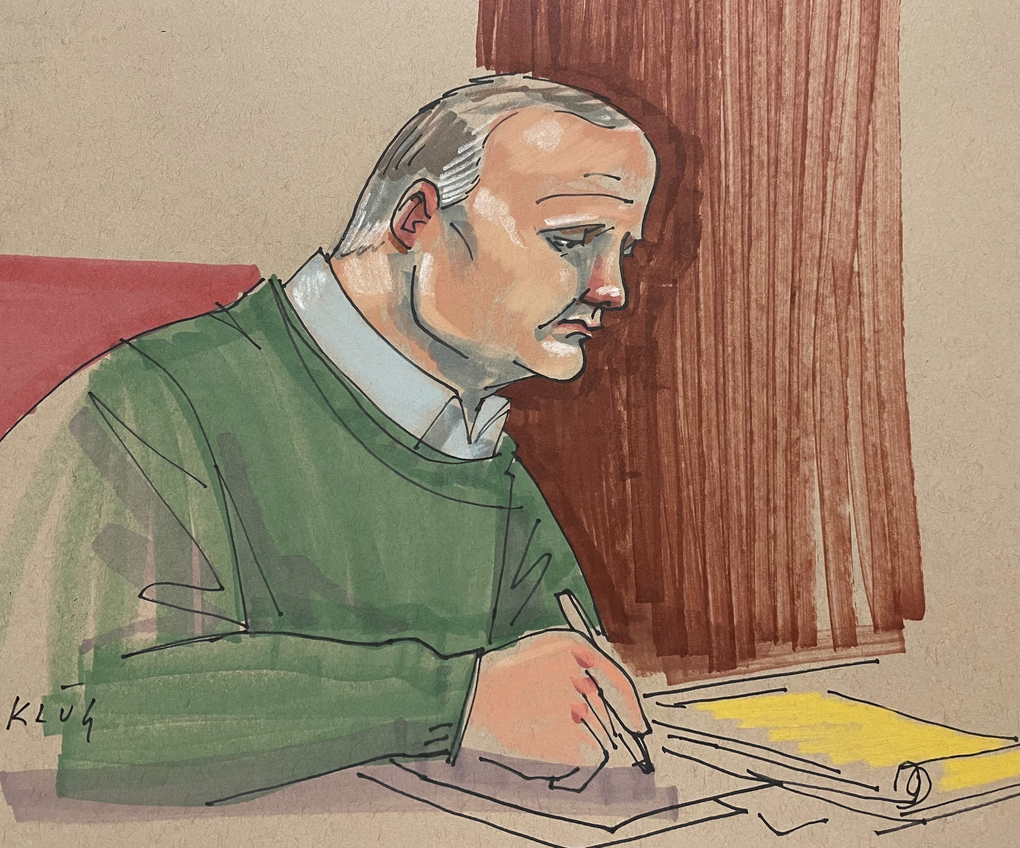 An artist's drawing of Robert Bowers during the sentencing hearing that determined whether he gets a life sentence or the death penalty, in Pittsburgh Federal Court on July 31. Dave Klug via AP