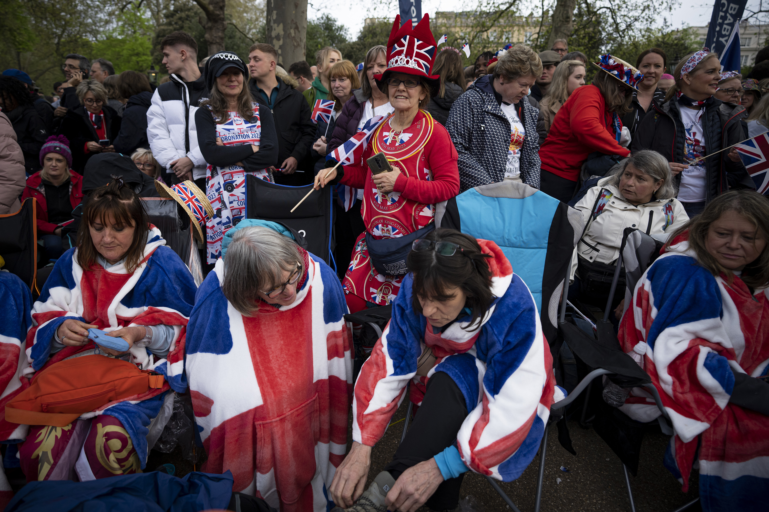 People gather on The Mall, in London, ahead of the coronation ceremony of King Charles in Westminster Abbey. Photo / AP