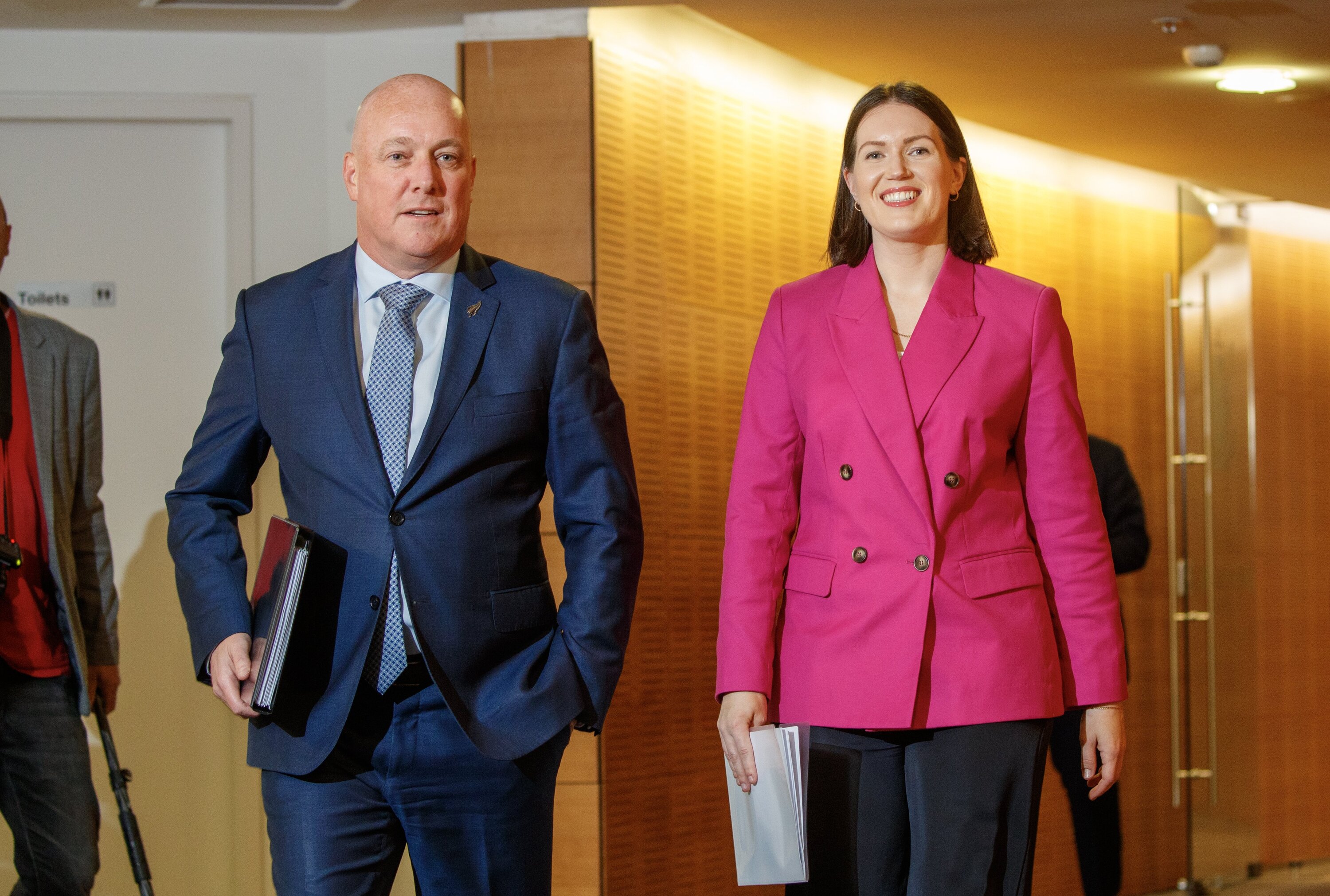Prime Minister Christopher Luxon and Workplace Relations Minister Brooke van Velden arrive for the post-Cabinet press conference at Parliament. Photo / Mark Mitchell