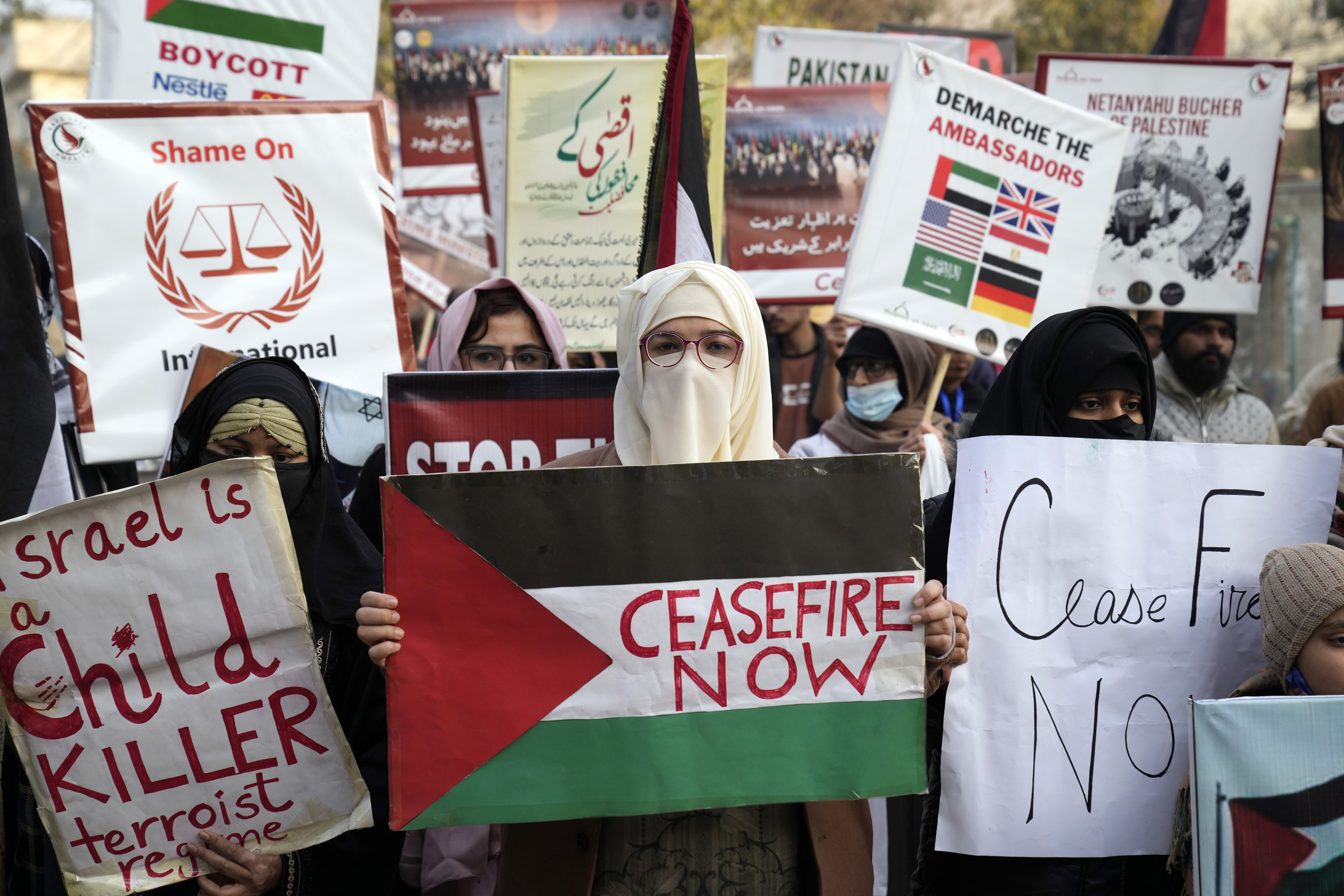 Pakistani people hold placards during a protest against Israeli airstrikes and to show solidarity with Palestinian people in Gaza, in Lahore, Pakistan. Photo / AP