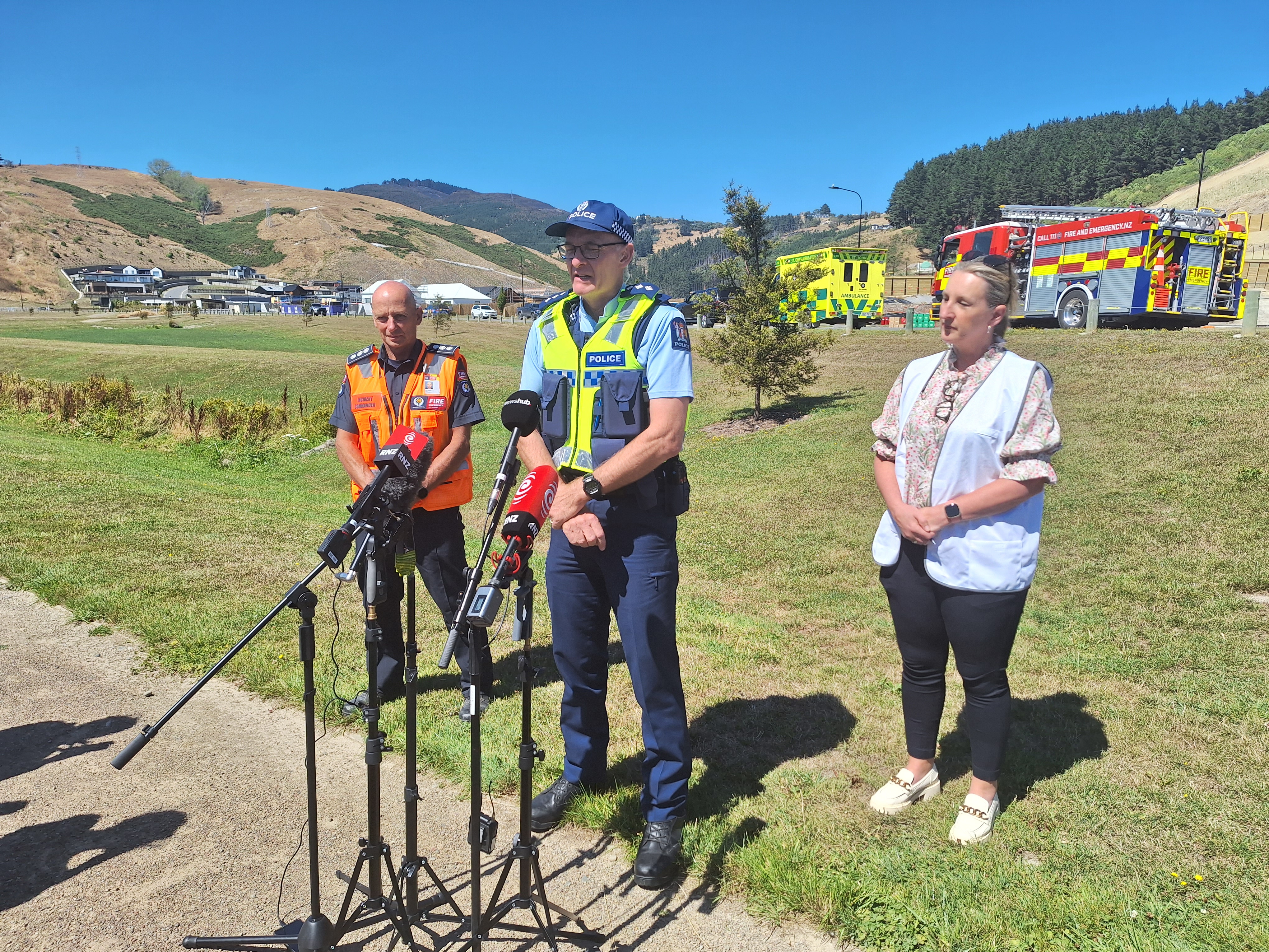 Fire and Emergency New Zealand Incident Controller Steve Kennedy, Canterbury Police Inspector Ash Tabb, and Anne Colombus from Christchurch City Council and Civil Defence. Photo / Ben Tomsett