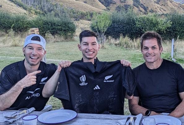 All Blacks Sevens losing to Spain; New Zealand competing in SailGP; Chris Wood playing for the All Whites; Richie McCaw with YouTube influencers. Photos / Photosport; YouTube