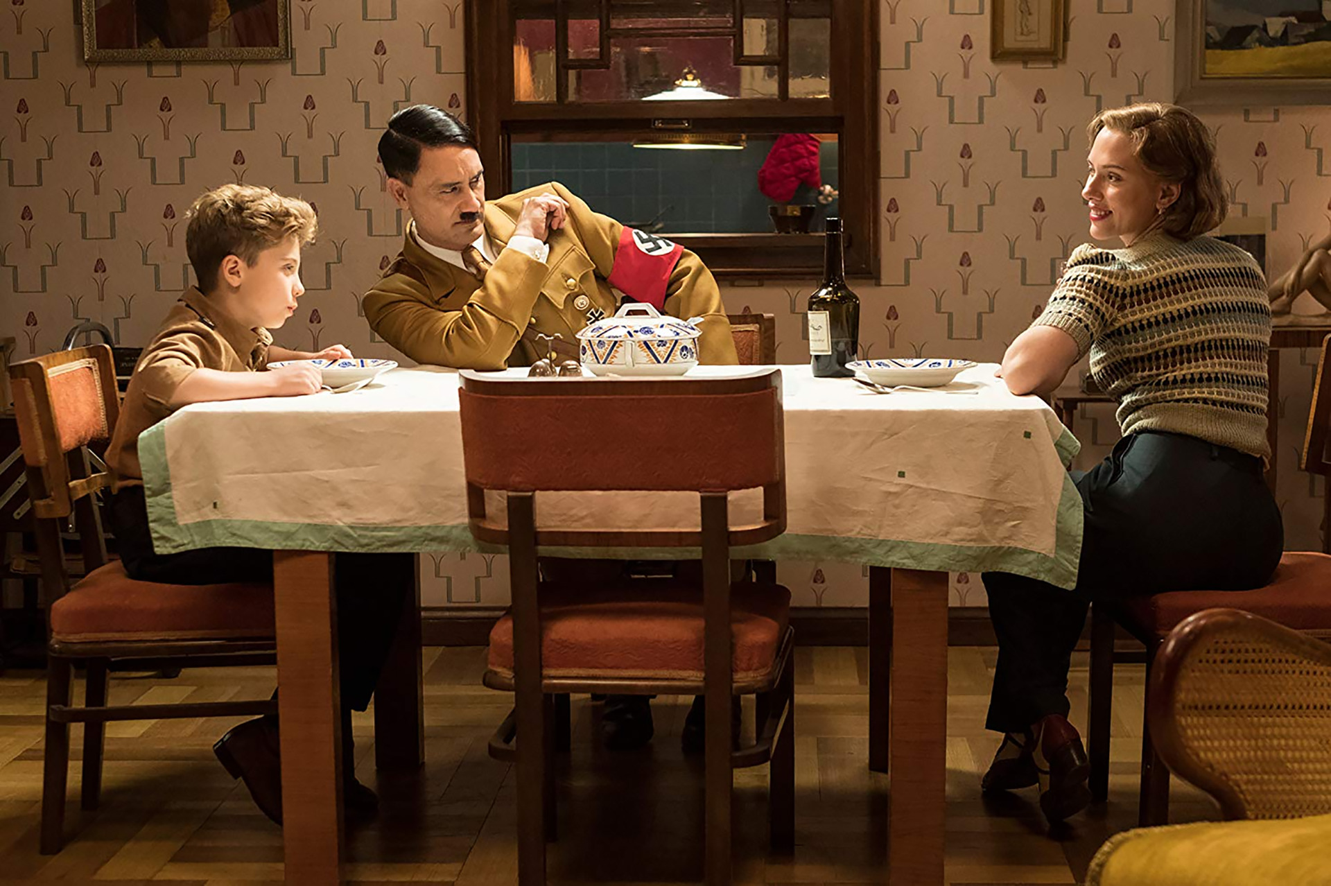 Taika Waititi, Scarlett Johansson, and Roman Griffin Davis in Jojo Rabbit. Photo / Supplied