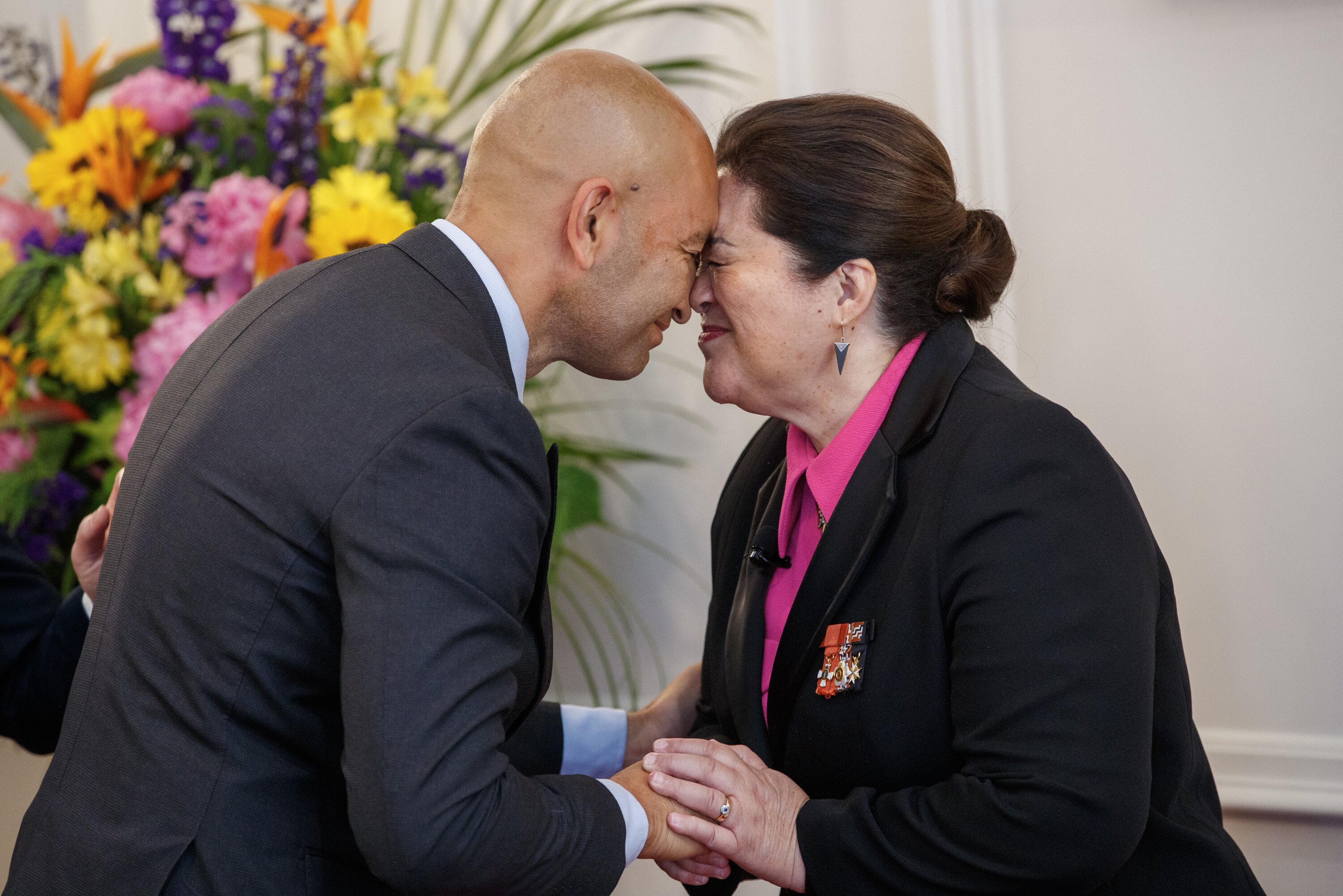 Cabinet Minister Tama Potaka hongis with Governor-General Dame Cindy Kiro after the swearing-in ceremony at Government House,  Photo / Mark Mitchell
