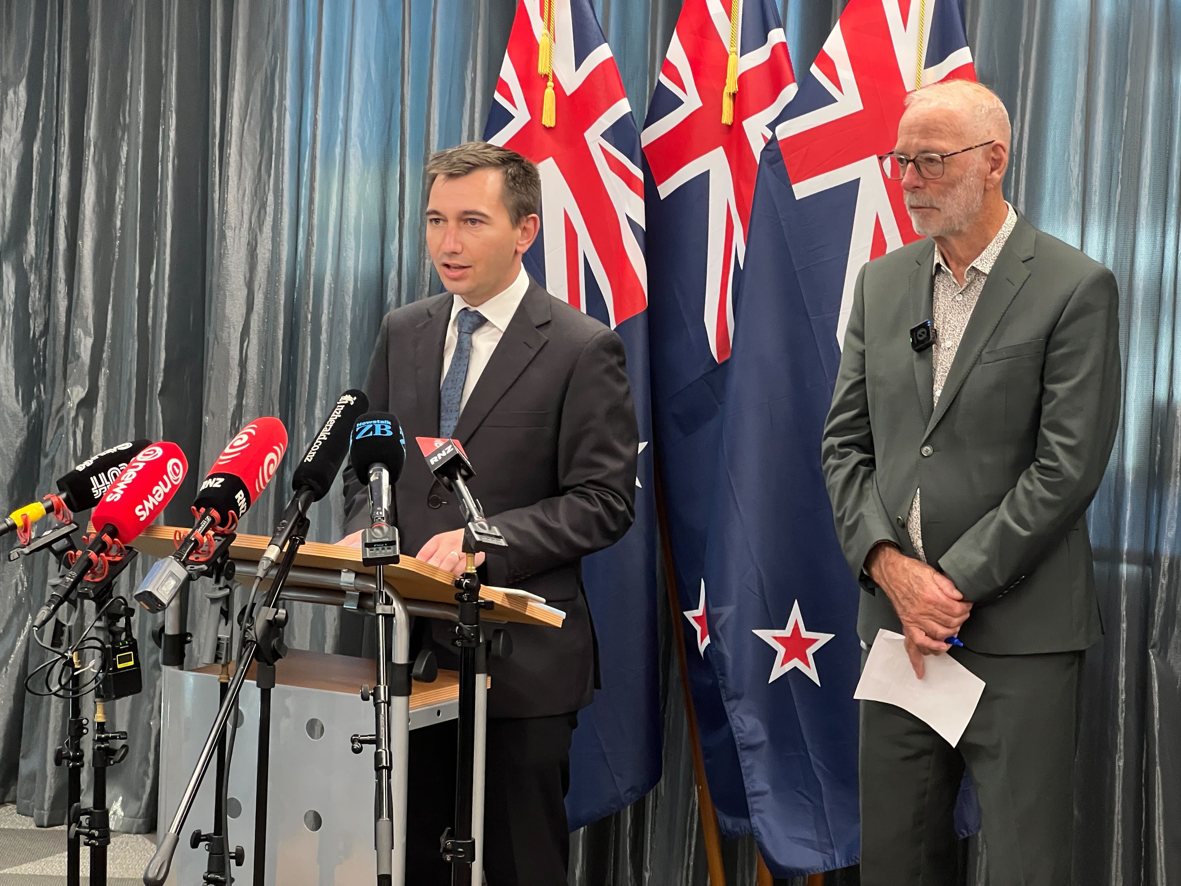 Transport Minister Simeon Brown (left) and Auckland Mayor Wayne Brown (right) announced a major shake-up to the functions of Auckland Transport. Photo / NZME