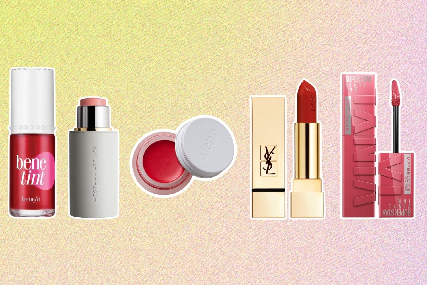 From left: Benefit Cosmetics Benetint Lip & Cheek Tint; Westman Atelier Baby Cheeks Blush; Aleph Cheek/Lip Tint – Gloria; YSL Rouge Pur Couture; Maybelline Super Stay Vinyl Ink Liquid Lipstick.