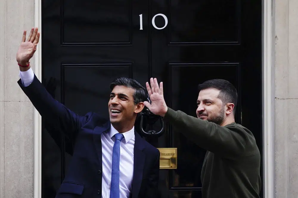 Britain's Prime Minister Rishi Sunak, left, welcomes Ukraine's President Volodymyr Zelenskyy at Downing Street in London earlier this year. Photo / AP