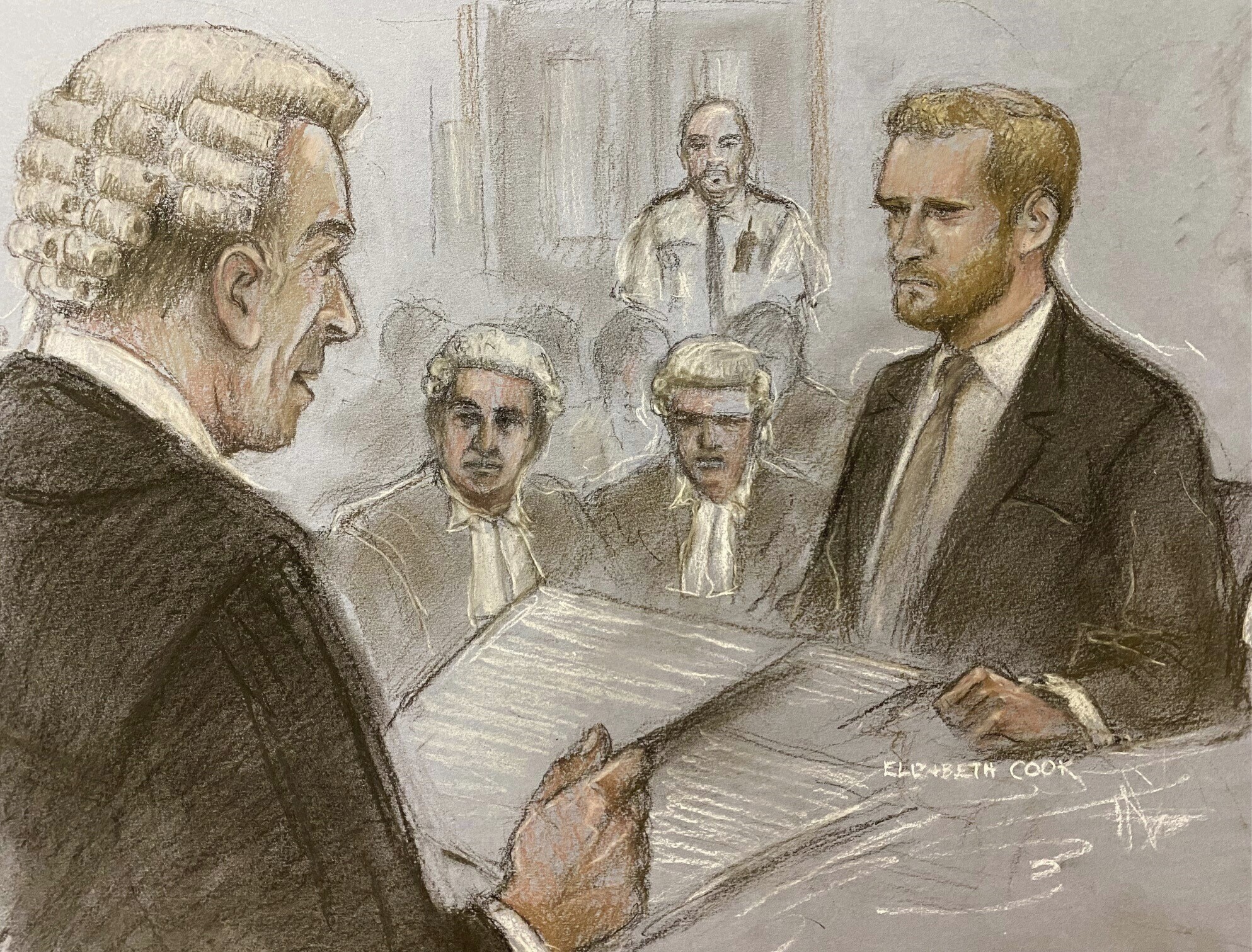 A court artist sketch by Elizabeth Cook of Prince Harry being cross-examined by Andrew Green KC on June 7, 2023. Photo / AP