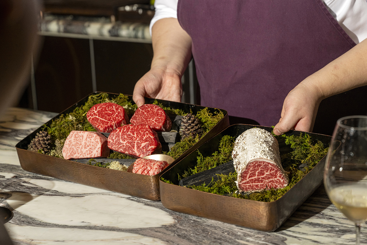 Highly marbled beef at Bōm in New York. Photo / Evan Sung, The New York Times