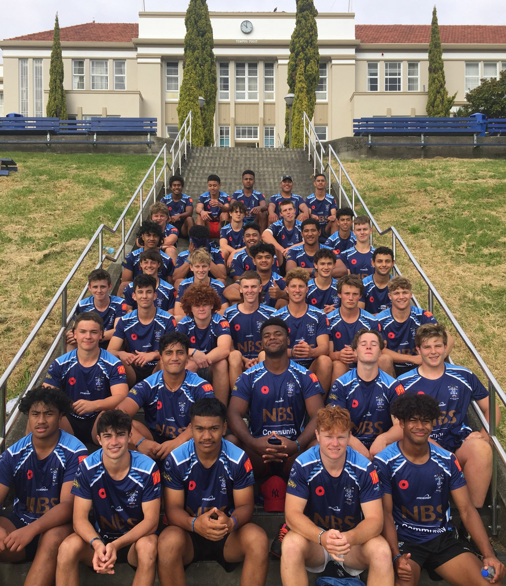 Nelson College 2021 Senior Rugby Academy looking great in their new training tops. Photo / Mark Cochrane.