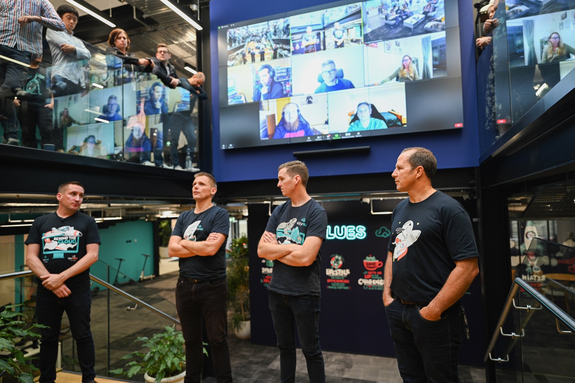 ezyVet execs brief staff on the IDEXX deal at the company's new HQ in Freeman's Bay, Auckland. From left, Hadleigh Bognuda (founder and chief executive), Peter Brown (chief growth officer/chief financial officer), Marcus Atkins (chief development office), Anthony Church (chief product officer). Photo / Supplied