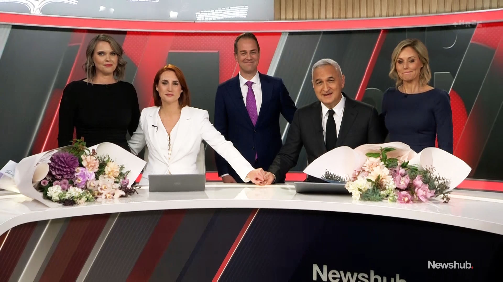 Samantha Hayes and Mike McRoberts fronting the final Newshub Live at 6pm bulletin. Photo / Three