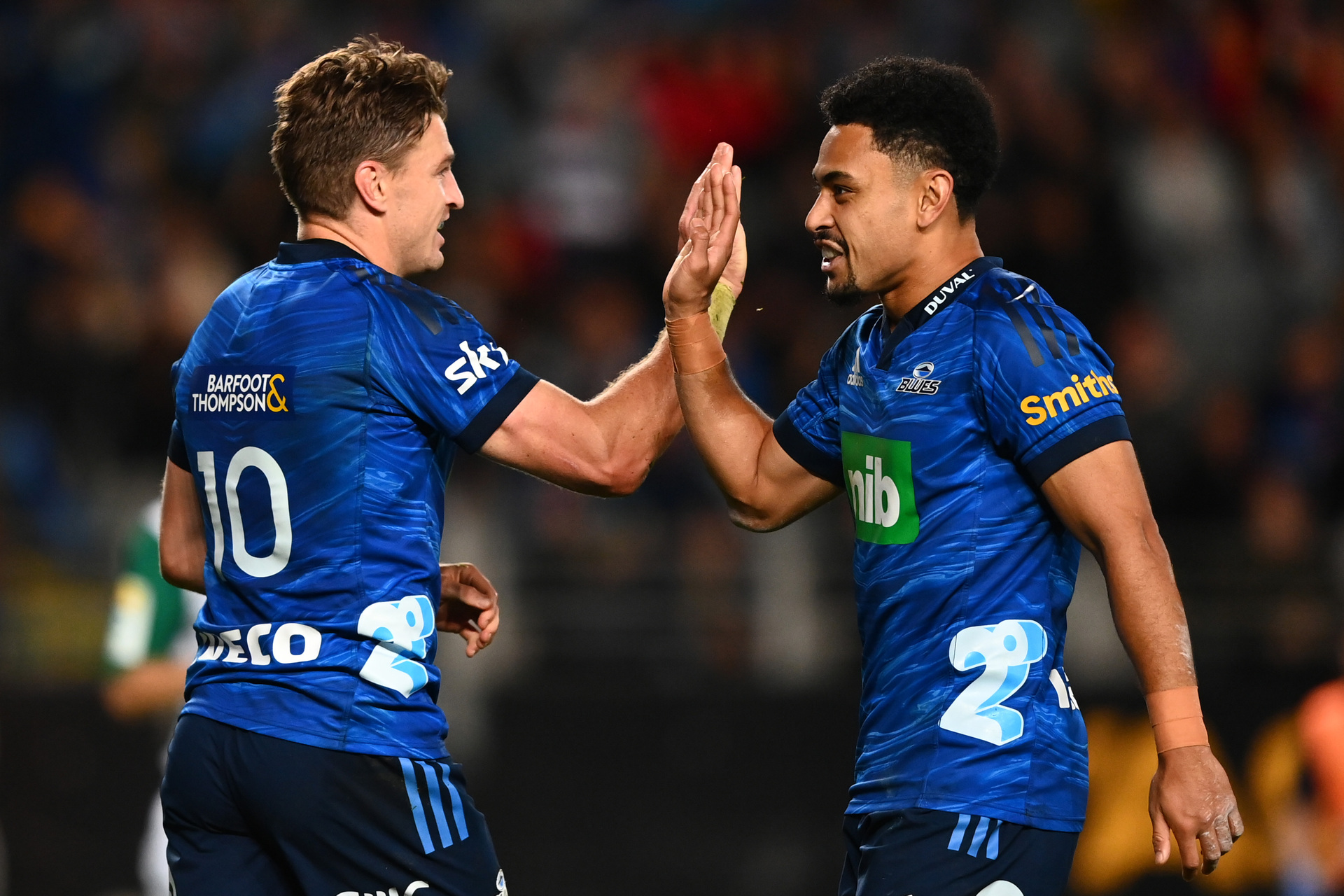 Blues playmaking duo Beauden Barrett and Stephen Perofeta. Photo / Getty