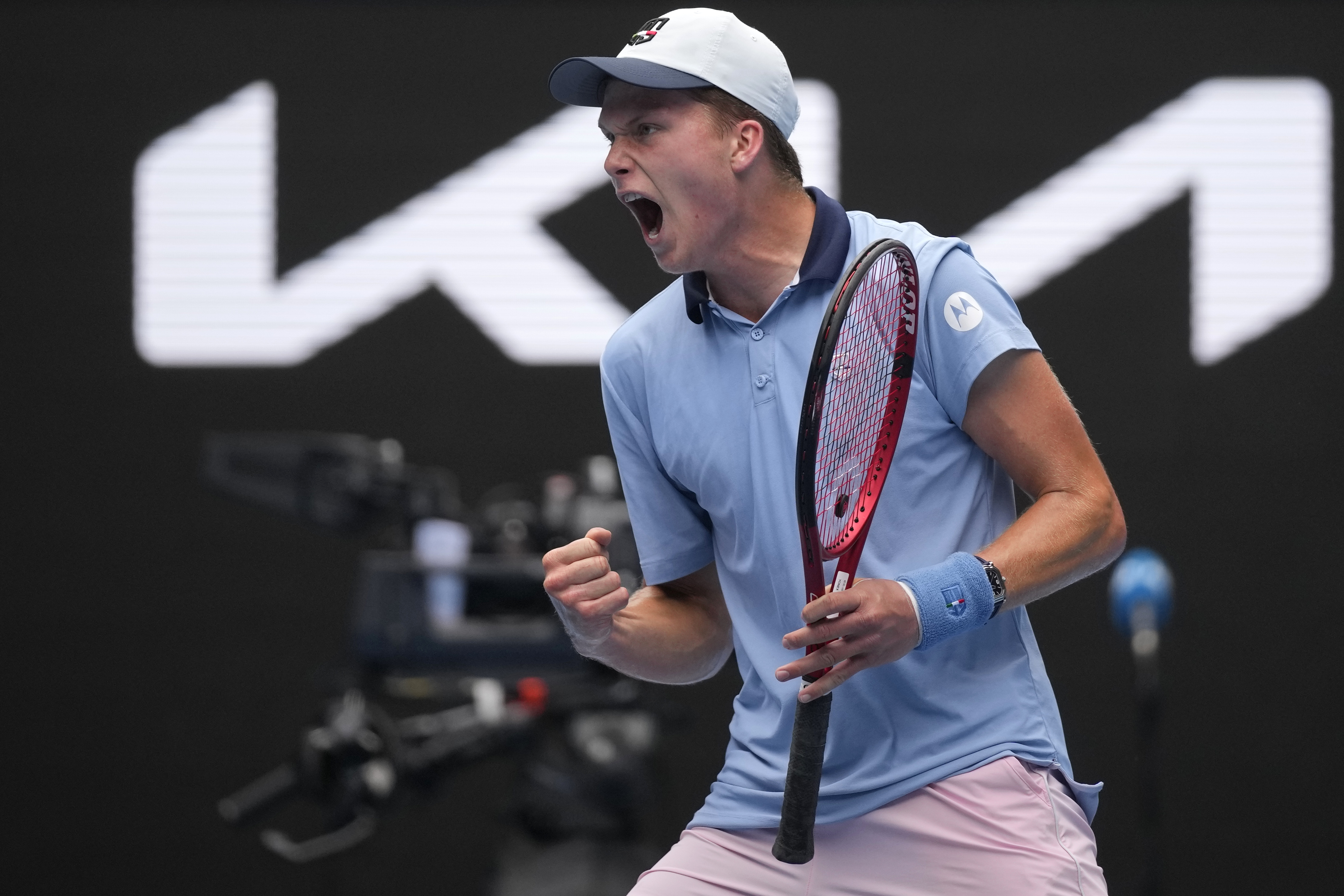 Jenson Brooksby reacts during his victory over Casper Ruud of Norway. Photo / AP