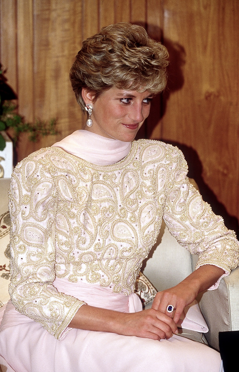 Diana, Princess of Wales wears a Catherine Walker sarong style evening dress in Pakistan, 1991. Photo / Getty Images
