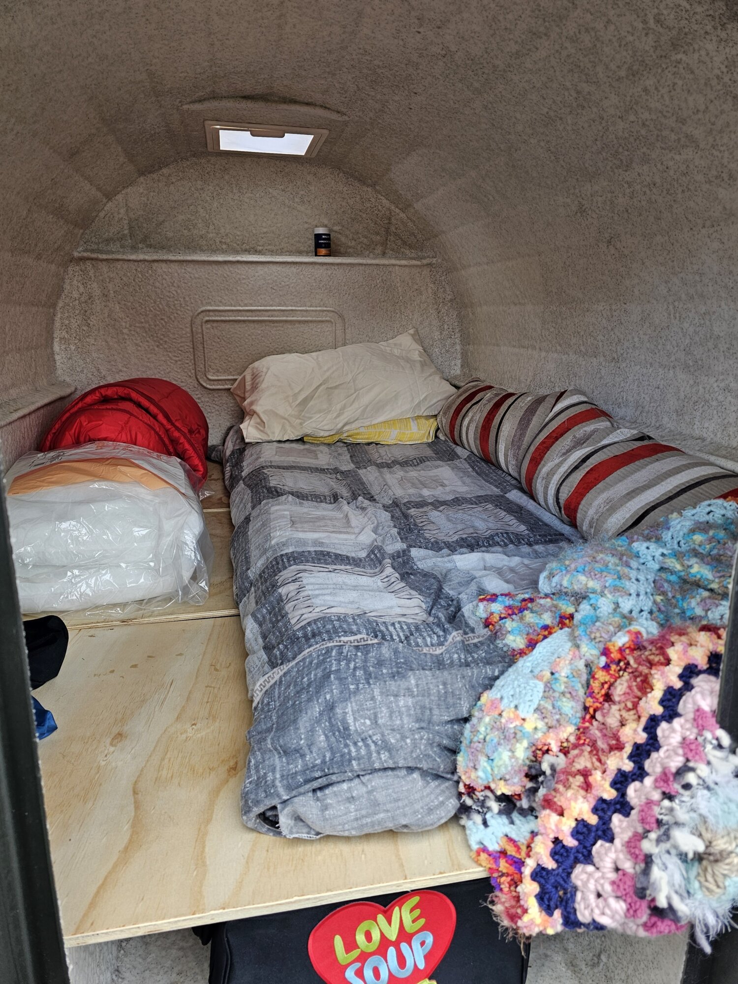 One of the new sleeping pods set up for homeless people at a secret location. 