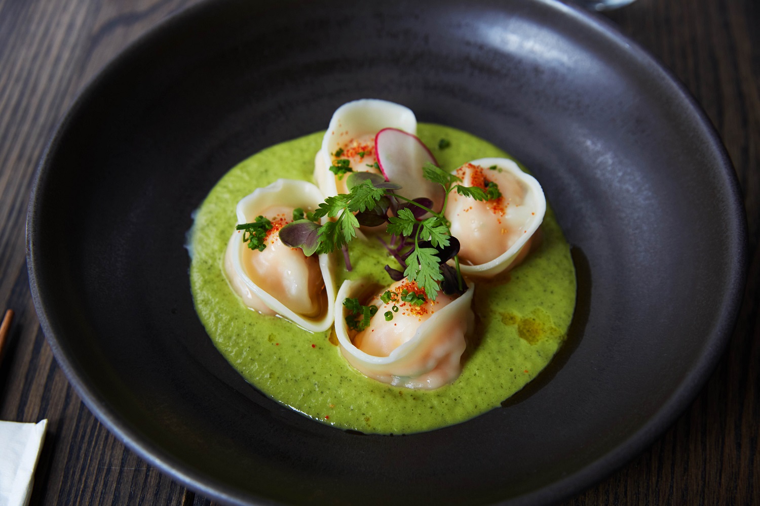 Lobster and spanner crab dumplings with courgette dashi at Ebisu. Photo / Rebecca Zephyr Thomas
