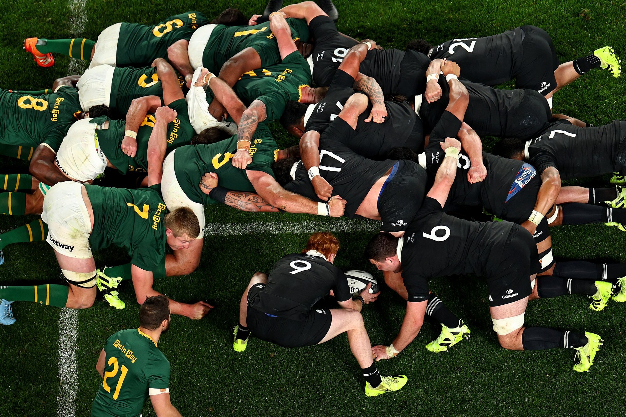The All Blacks and the Springboks have a go at scrum time in last year's Rugby Championship. Photo / Photosport