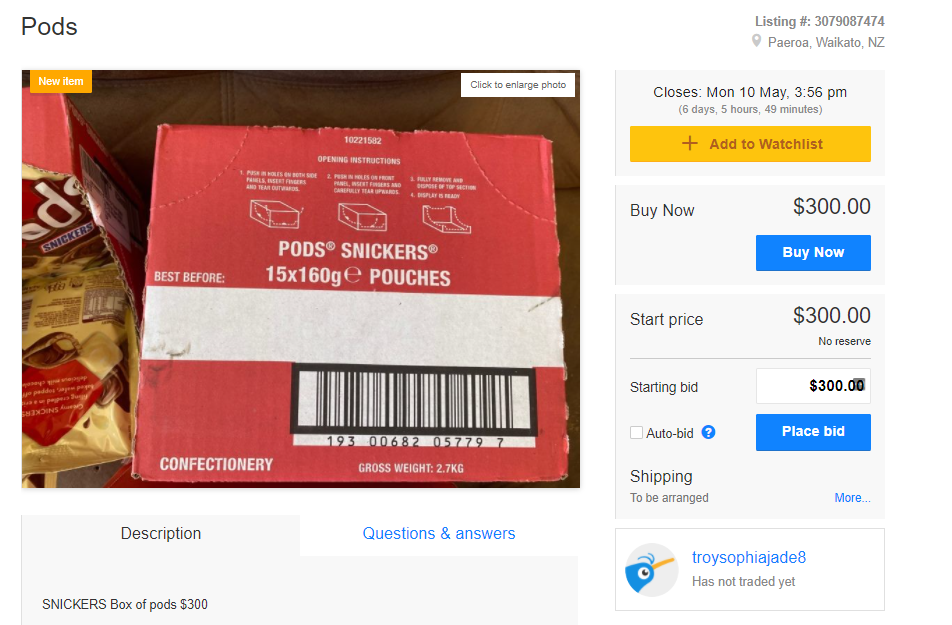 One listing is selling a box of 15 packets of Pods for $300 buy now on Trade Me. Photo / Supplied