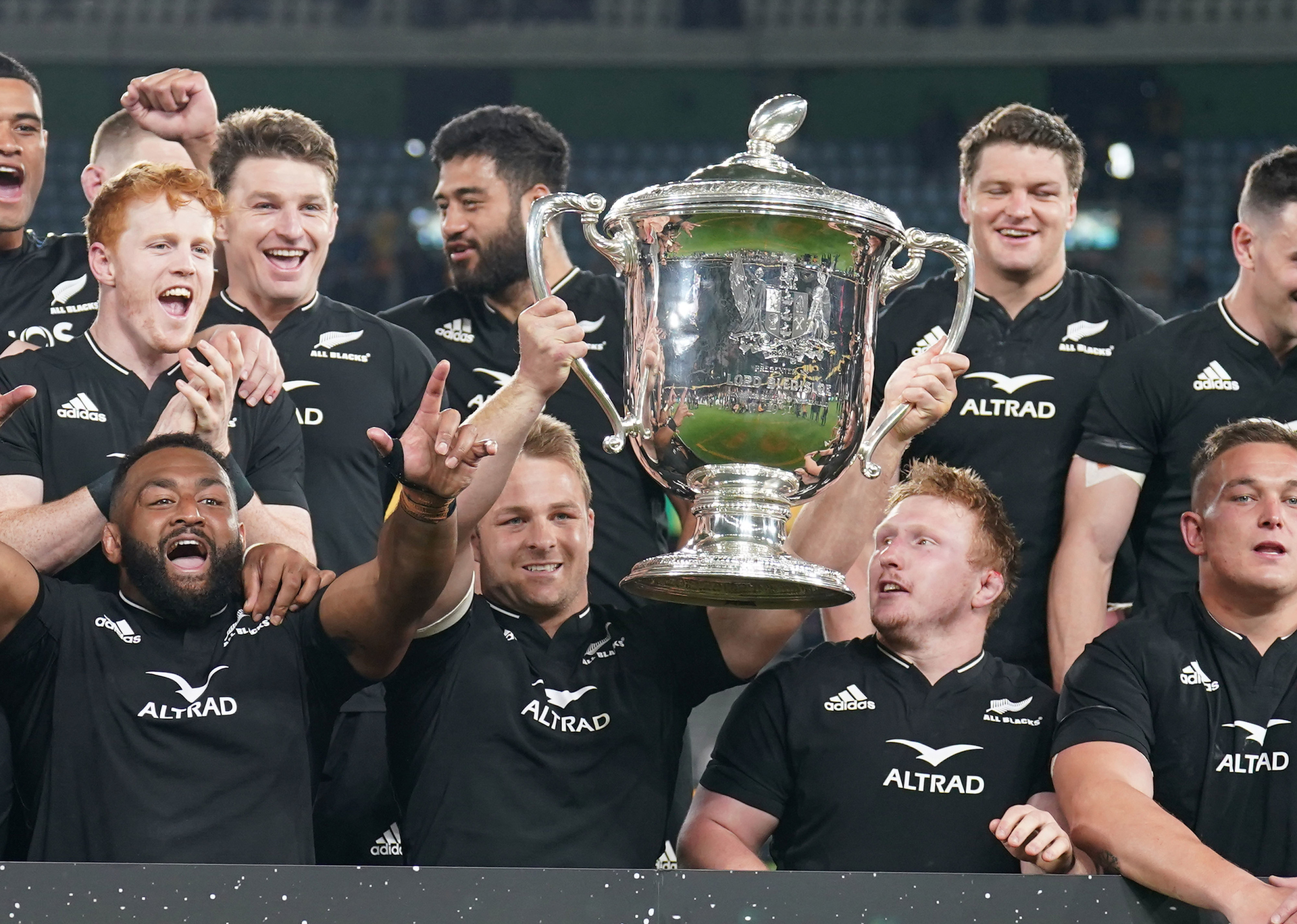 Sam Cane and his teammates celebrate after winning the Bledisloe Cup in 2022. Photo / Photosport