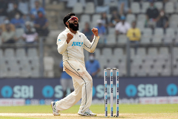 Ajaz Patel celebrates a wicket in the second test against India at the Wankhede Stadium in Mumbai on December 4, 2021. Photo / Sportzpics