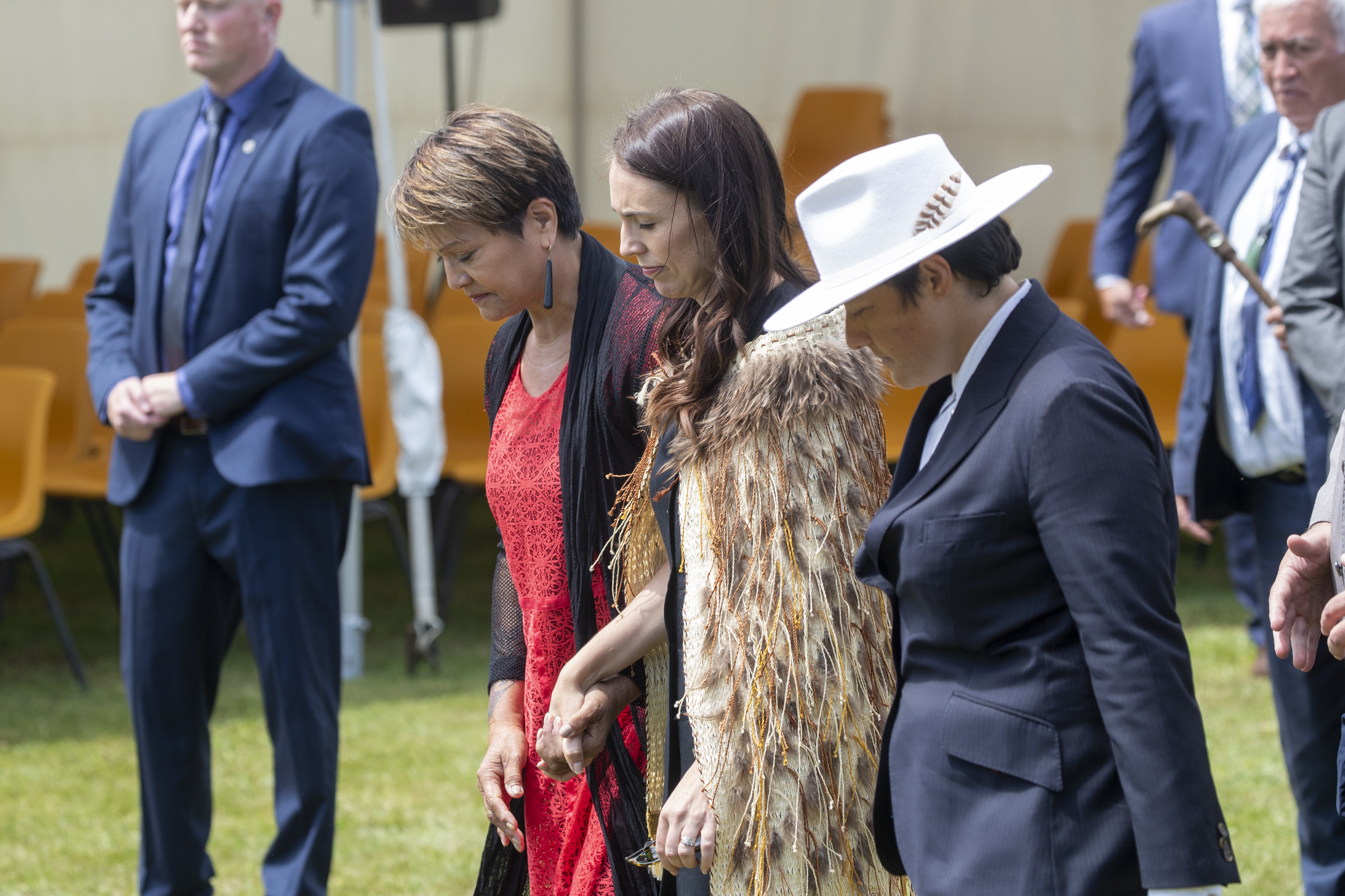 Prime Minister Jacinda Ardern is escorted by Labour MP and Rātana member Soraya Peke-Mason and Kiri Allan on to Rātana Pa Marae this year. Photo / Mark Mitchell