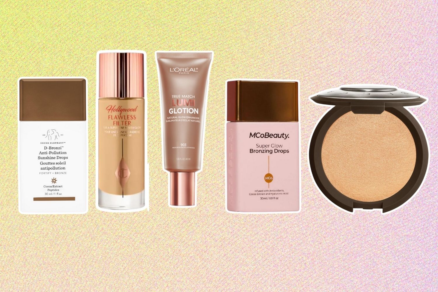 From left: Drunk Elephant D-Bronzi Drops; Charlotte Tilbury Flawless Filter; L’Oreal Paris Lumi Glotion; MCoBeauty Super Glow Bronzing Drops; Smashbox x Becca Shimmering Skin Perfector.