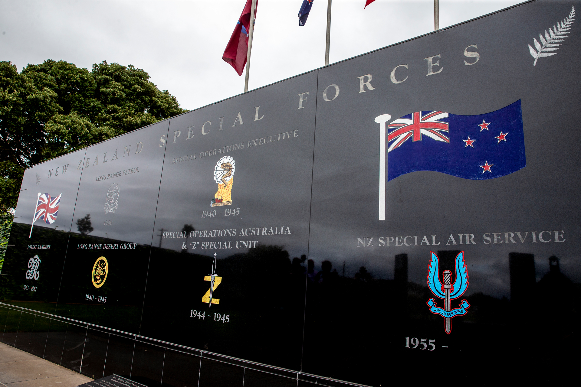 The memorial at the NZSAS base at Papakura included, at far left, the Forest Rangers. Photo / Mike Scott