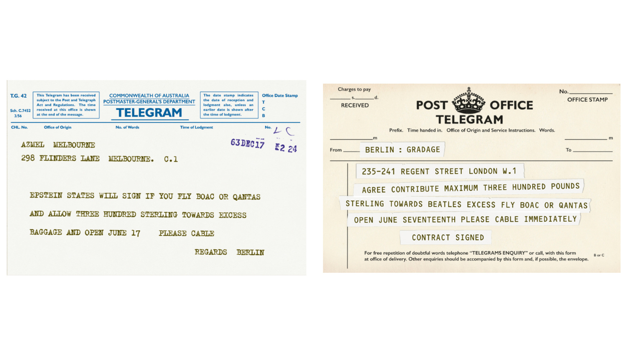 Part three of a series of telegrams outlining the frantic attempts to confirm tour dates. Photo / When We Was Fab: Inside The Beatles Australasian Tour 1964.