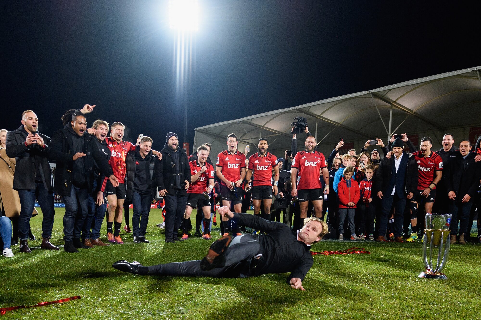 Scott Robertson's trademark victory breakdance at the Crusaders - this one from 2019. Photo / Getty