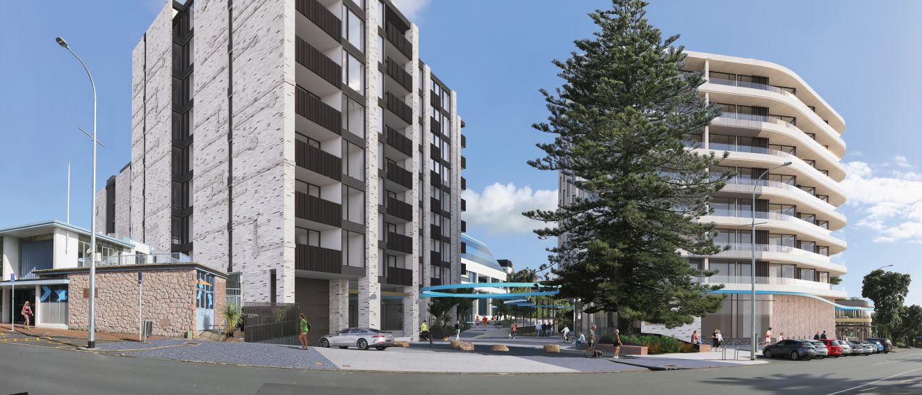 Plans for the latest apartment project announced for Takapuna on land owned by HND off The Strand and Hurstmere Rd. Photo / Campbell Brown Planning