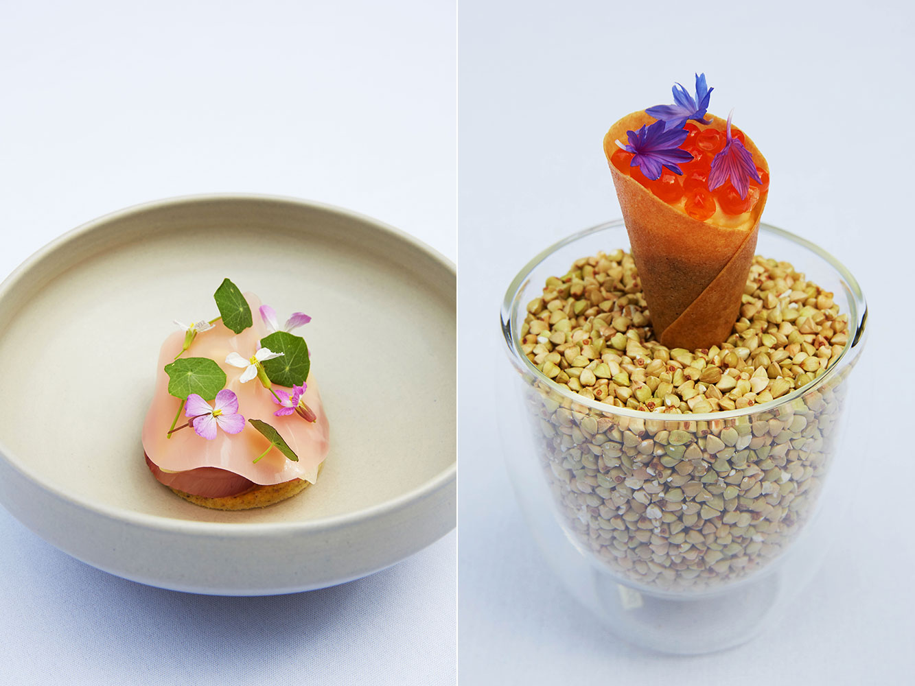 Kingfish, pistachio, pickled ginger, kohlrabi; Amuse with miso custard, trout roe, kaffir lime. Photos / Rebecca Zephyr Thomas