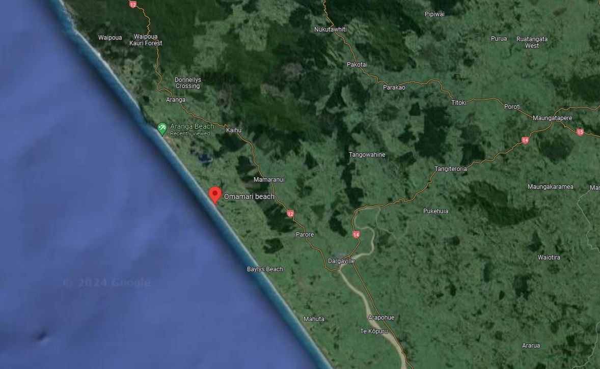Omamari Beach is about 35km northwest of Dargaville, with Aranga Beach further north again. Image / Google Earth