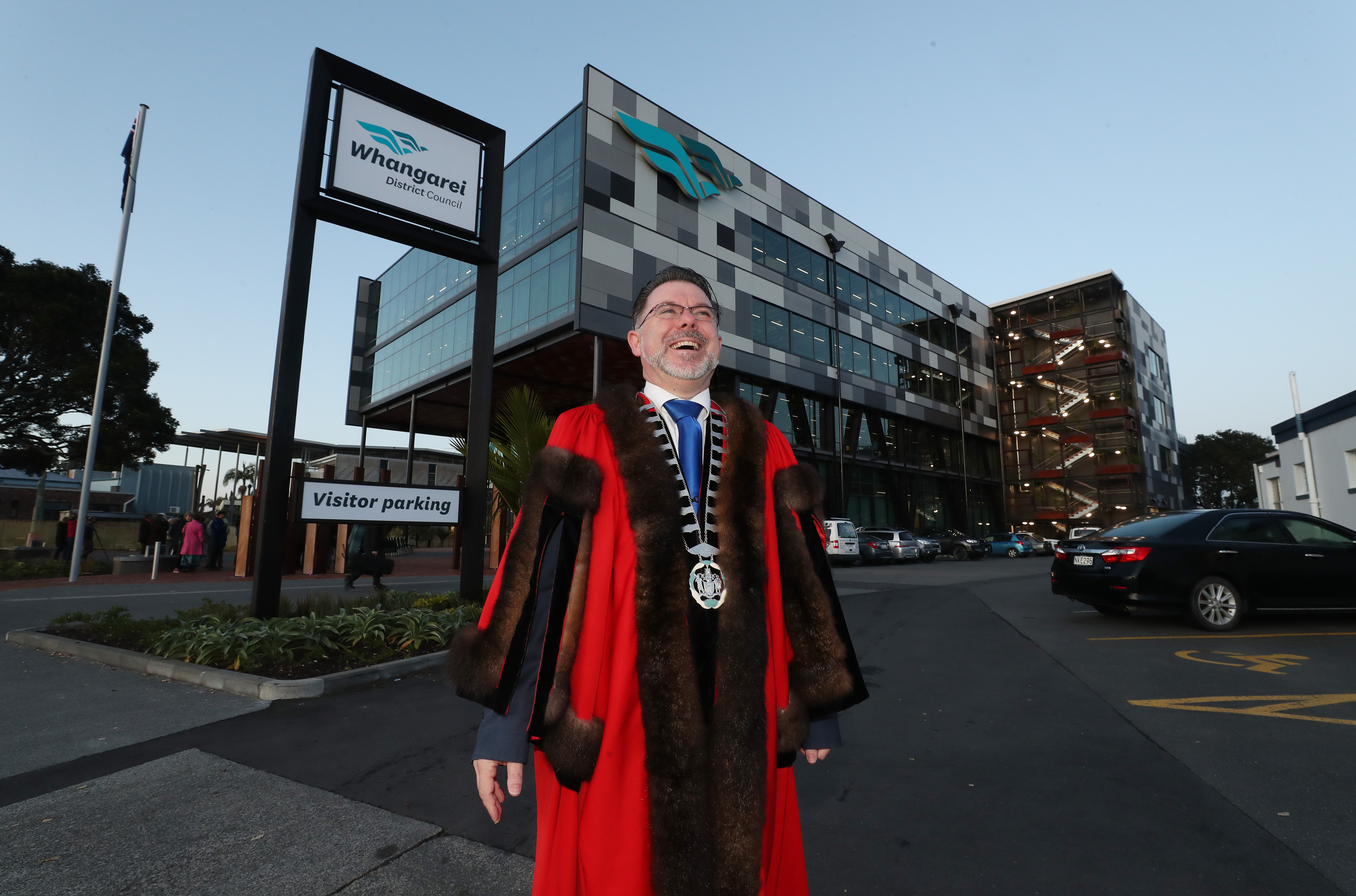 Whangārei District Mayor Vince Cocurullo and the council’s new $59 million Te Iwitahi civic centre. Photo / Michael Cunningham