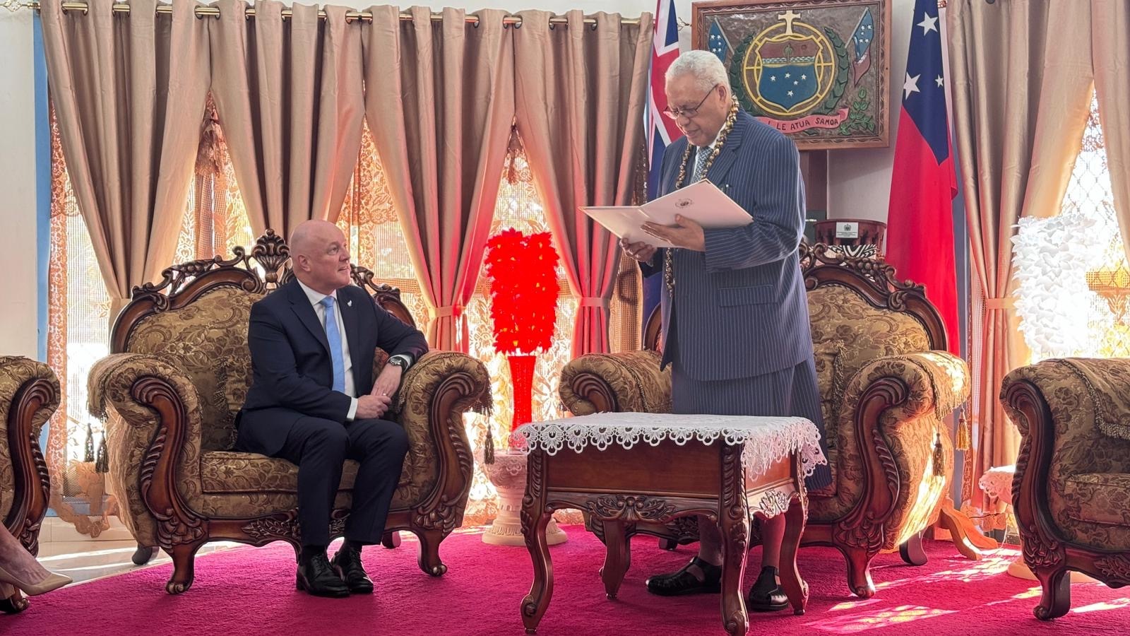 Prime Minister Christopher Luxon meets with Samoa's head of state, Tuimalealiifano Vaaletoa Sualauvi II. Photo / Pool