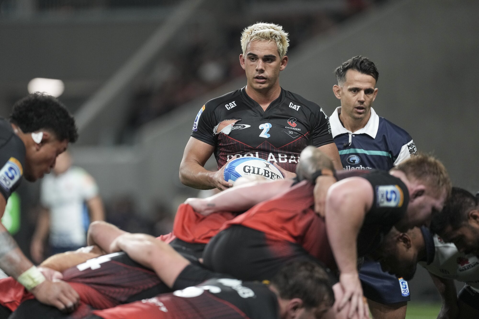 Crusaders halfback Noah Hotham pauses before engaging at scrum time. Photo / SmartFrame