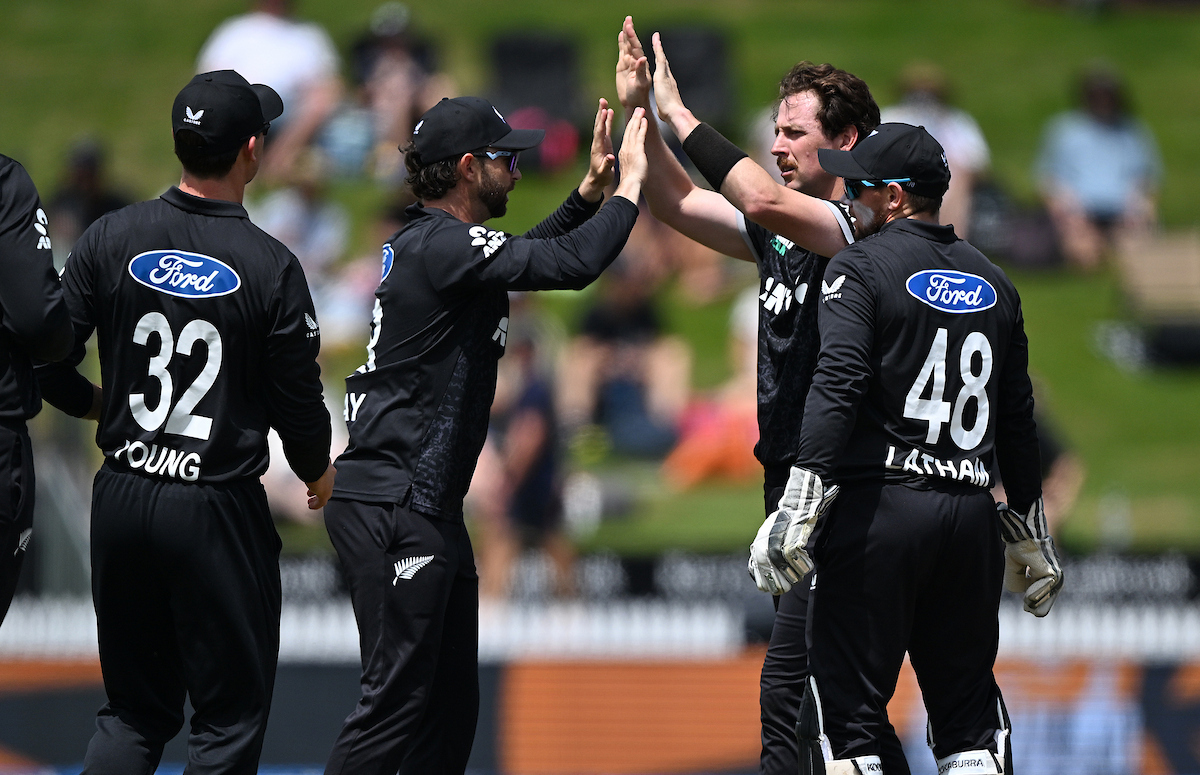 The Black Caps celebrate a Matt Henry wicket against the West Indies in Hamilton. Photo / Photosport
