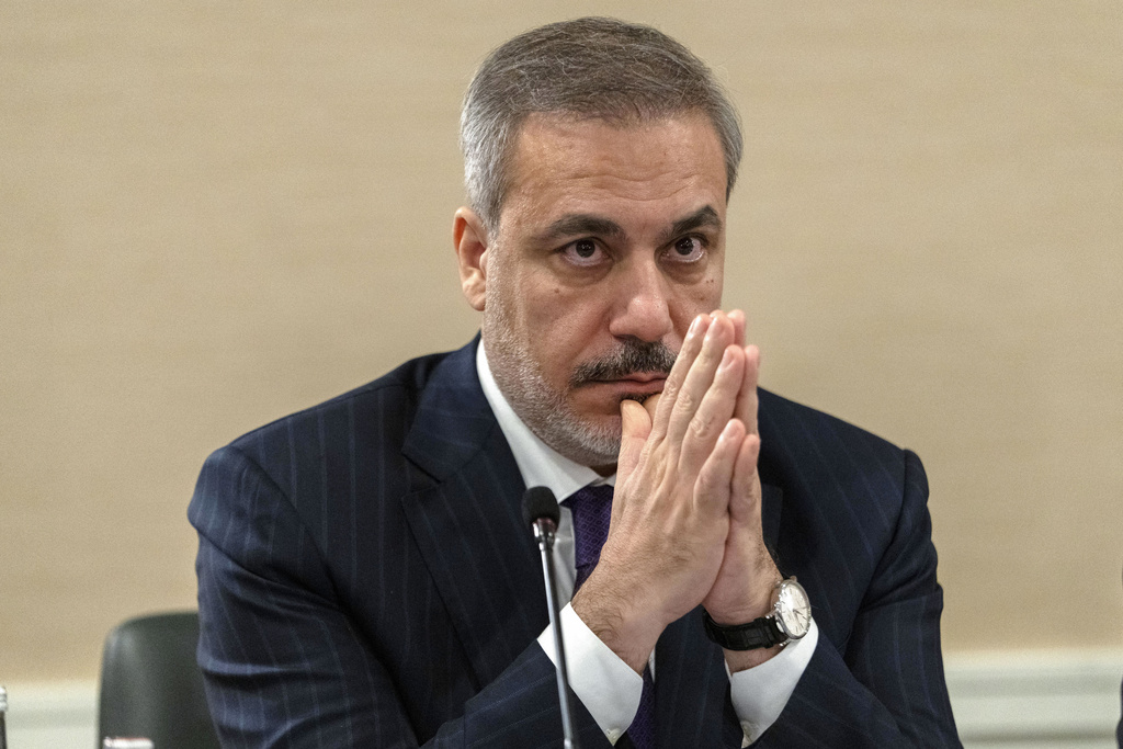 Turkish Foreign Minister Hakan Fidan at a Washington media conference on the Israel-Hamas war, and pressure to reduce civilian casualties. Photo / AP
