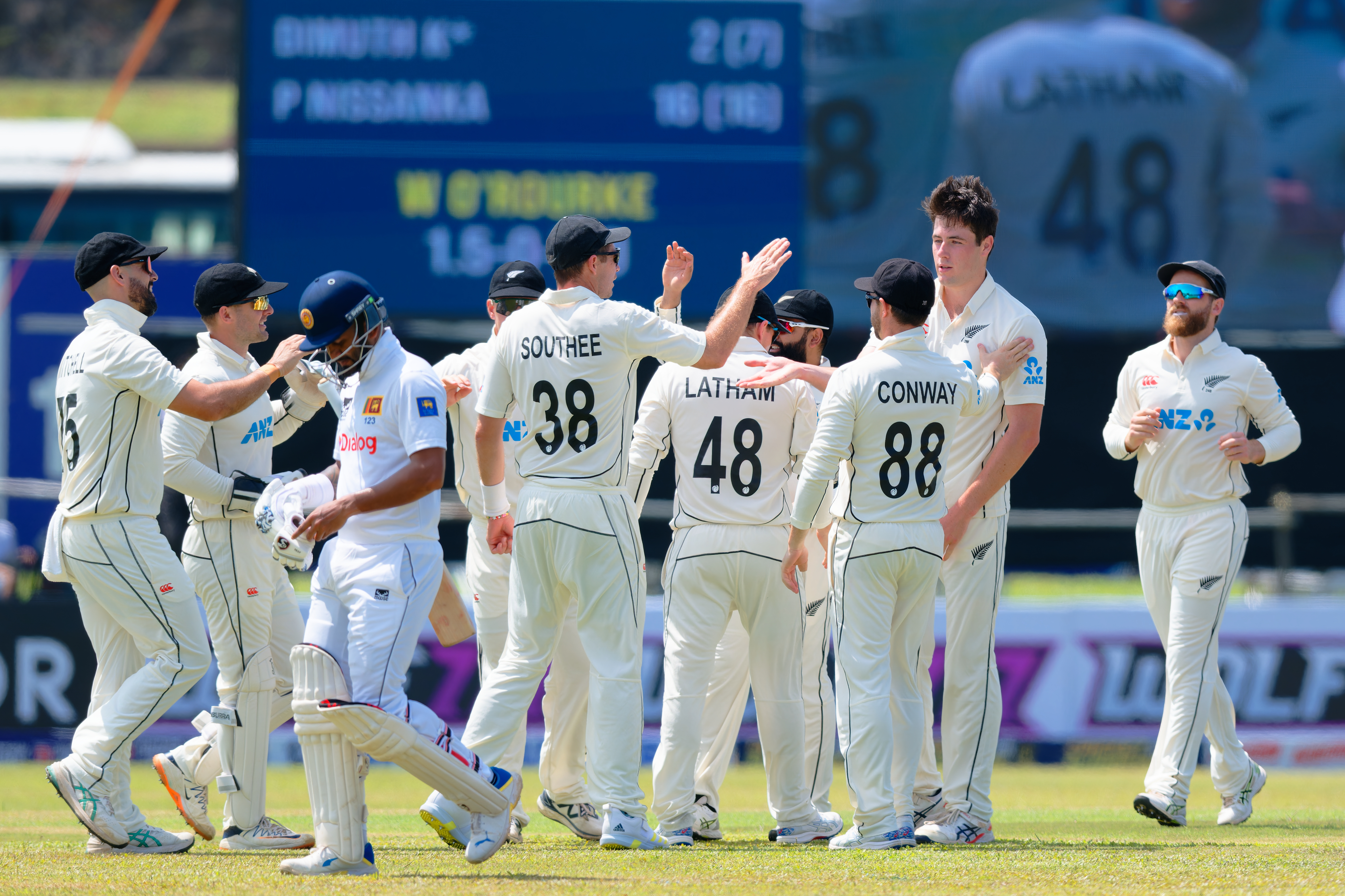 The Black Caps celebrate a wicket for Will O'Rourke. Photo / Sri Lanka Cricket