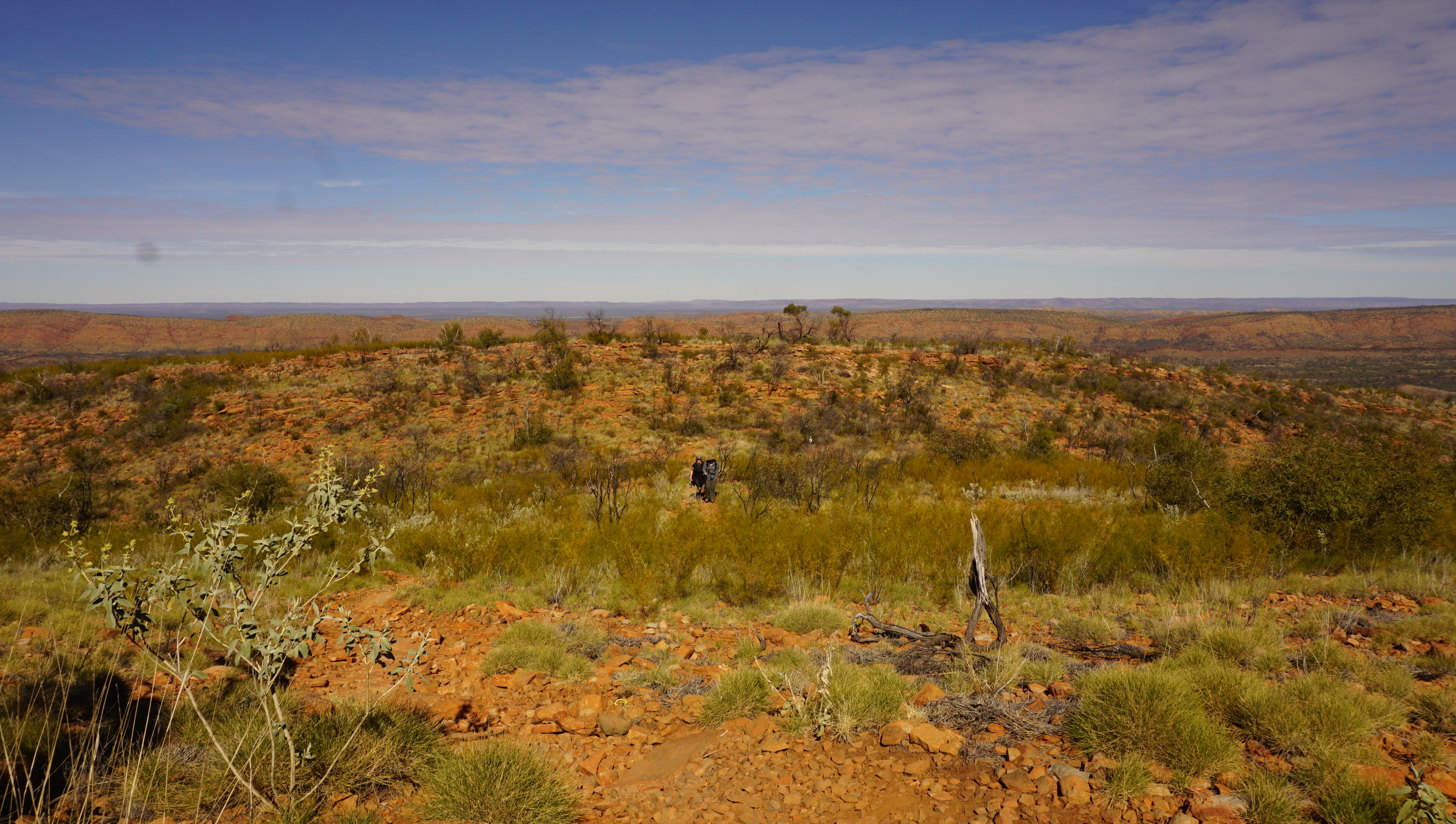 Tiny hikers in the distance, such is the scale of the West MacDonnell Ranges. Photo / Anna Sarjeant