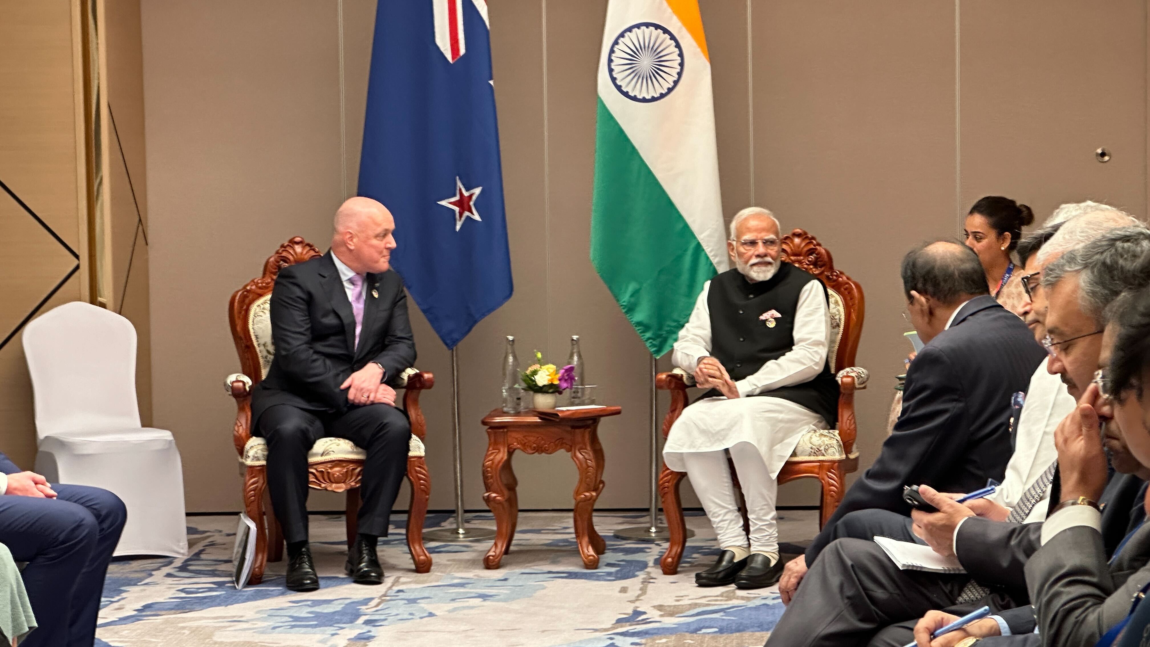 Prime Minister Christopher Luxon and India's PM Narendra Modi meet for the first time on the sidelines of the East Asia Summit in Laos. Photo / Jamie Ensor.