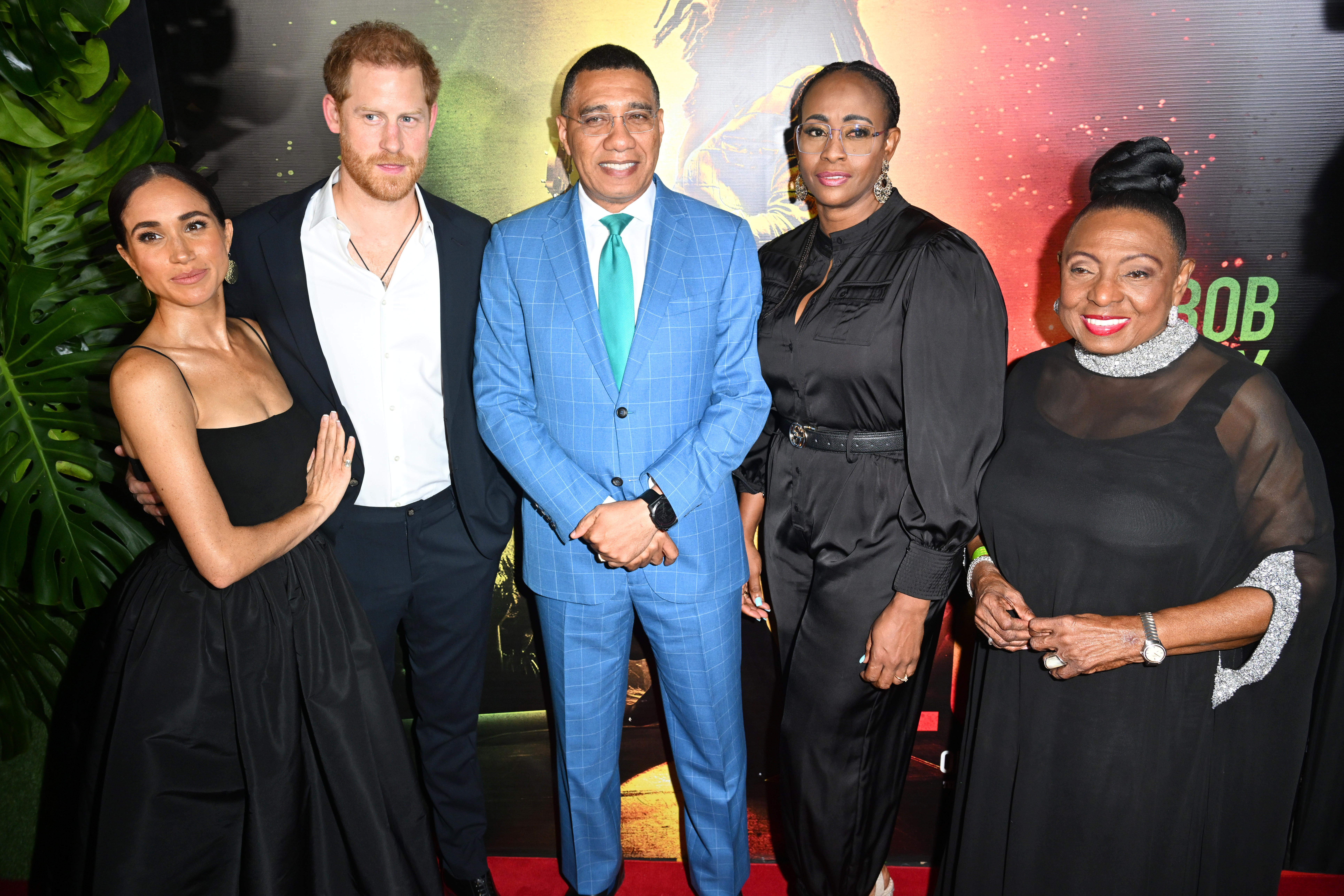 Meghan, Duchess of Sussex, Prince Harry, Duke of Sussex, Andrew Holness, Juliet Holness and Olivia Grange attend the Premiere of Bob Marley: One Love at the Carib 5 Theatre on January 23 in Kingston, Jamaica. Photo / Getty Images