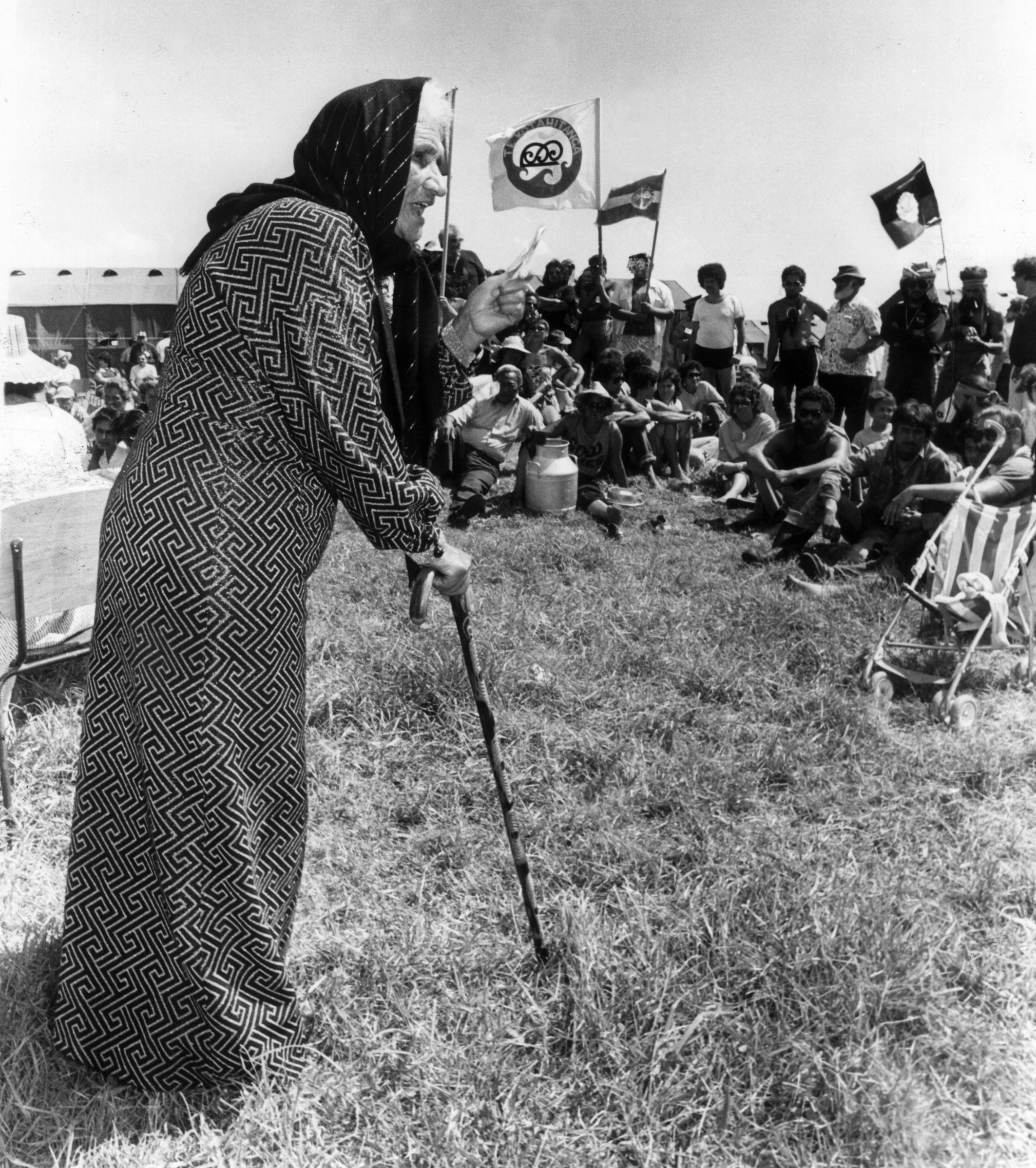 Dame Whina Cooper speaking to protestors at a hui on February 5, 1985. Photo / NZ Herald