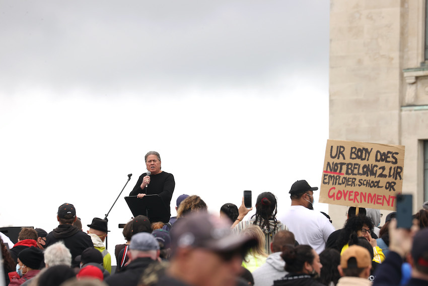 Destiny Church leader Brian Tamaki speaks to people at the Auckland Domain during an anti-lockdown protest on October 02. Photo / Getty Images