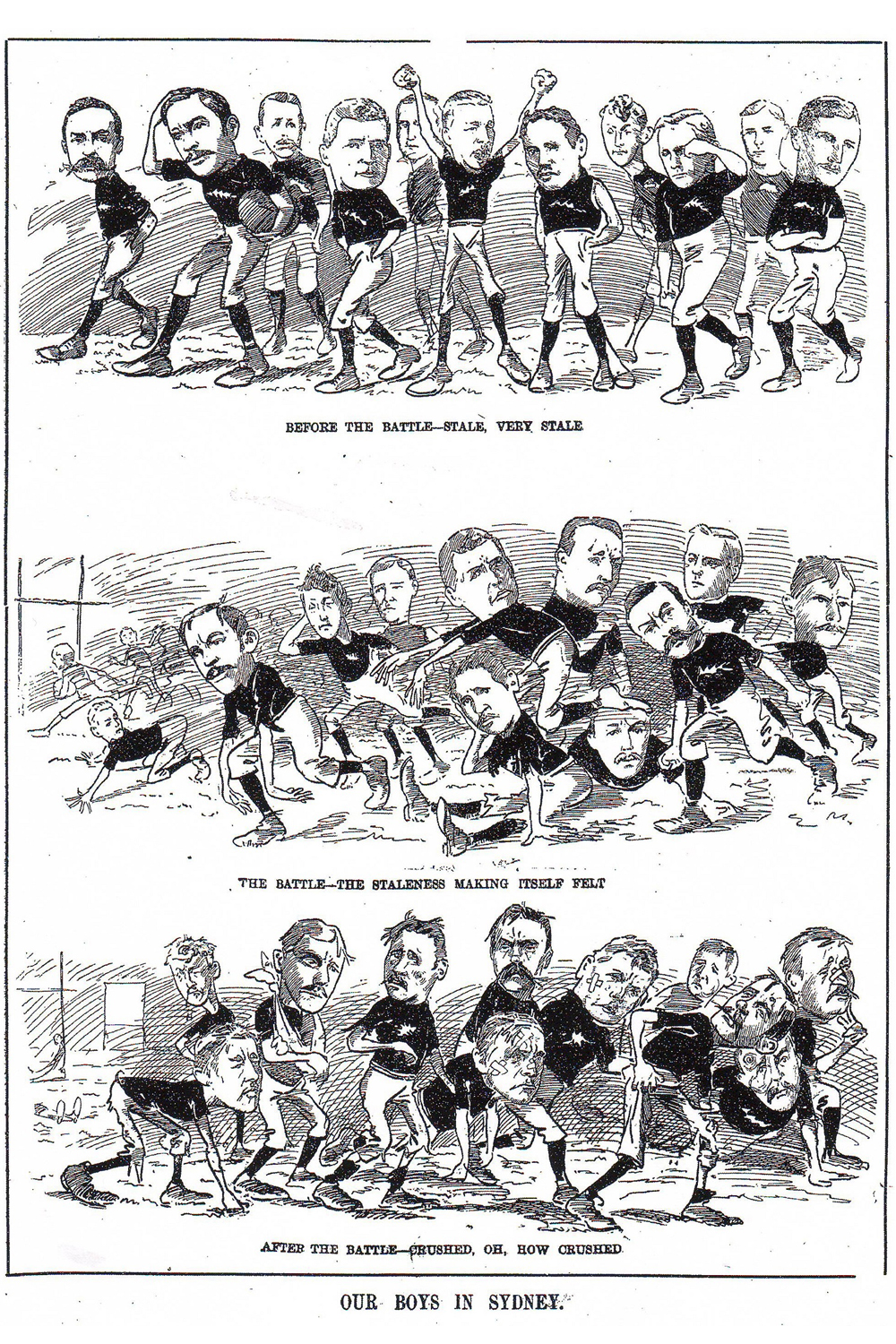 Artist William Blomfield's view of the first official New Zealand team in 1893, New Zealand Observer and Free Lance, July 15 1893. Photo / New Zealand Fashion Museum
